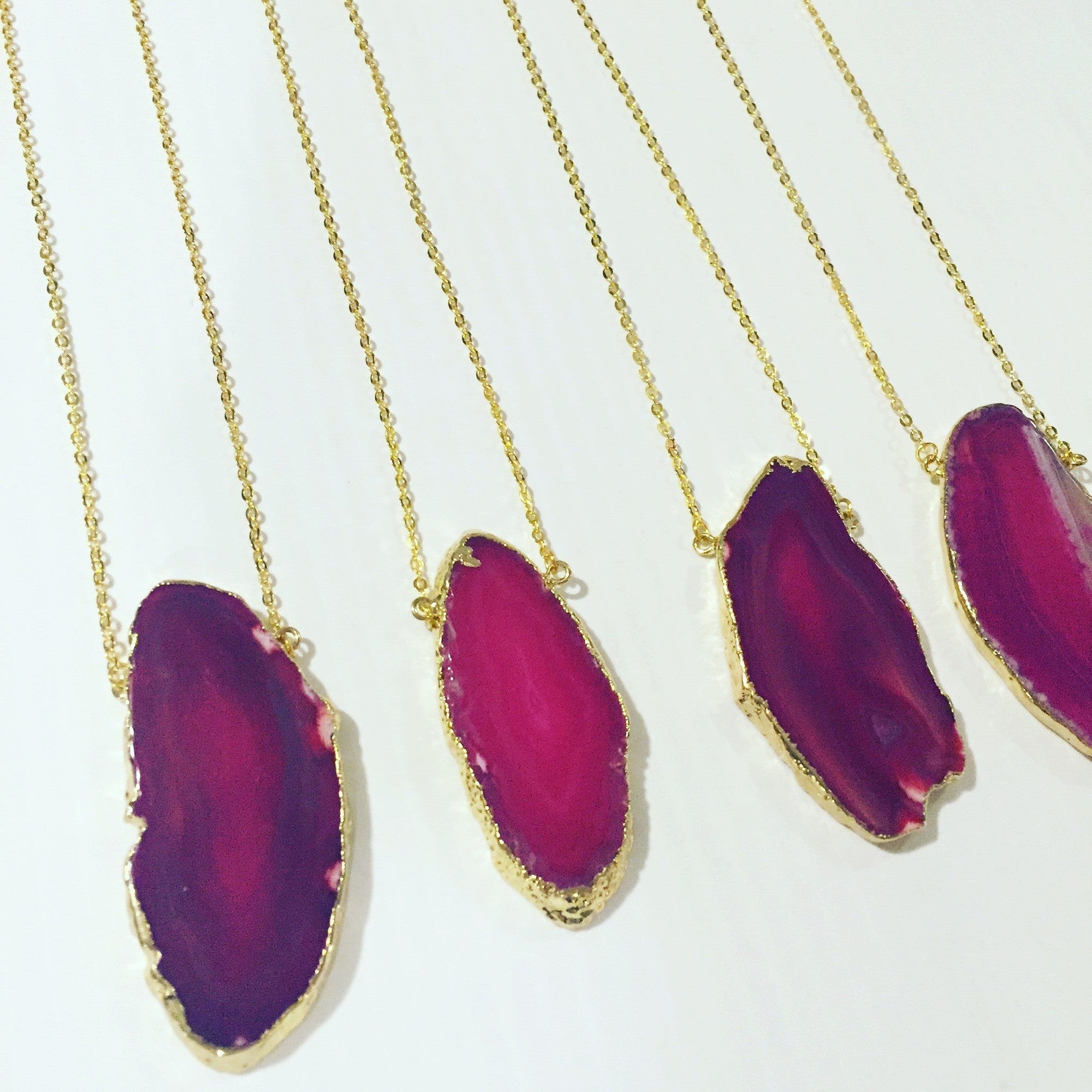 Gold Plated Agate Slice Necklace in Hot Pink