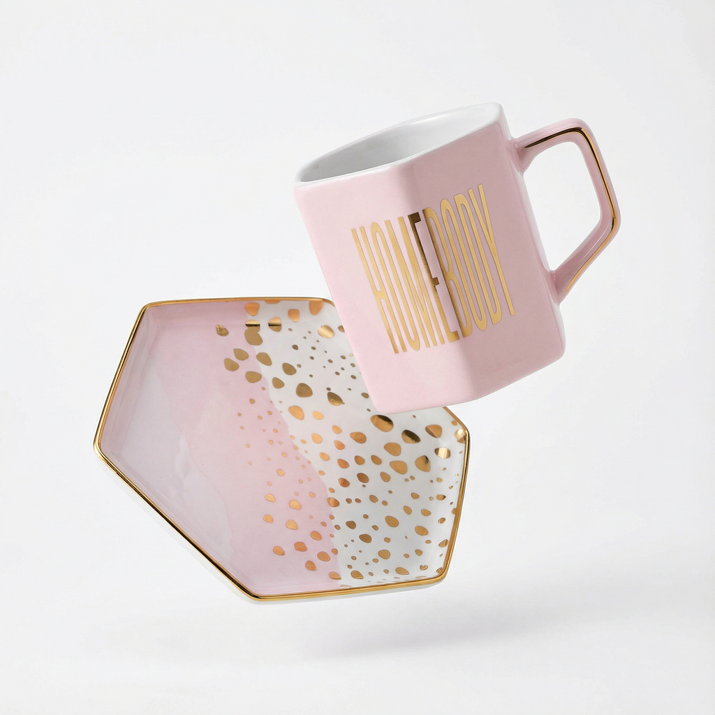Homebody Hexagon Mug and Saucer Set in Pink with Gold Dot Pattern