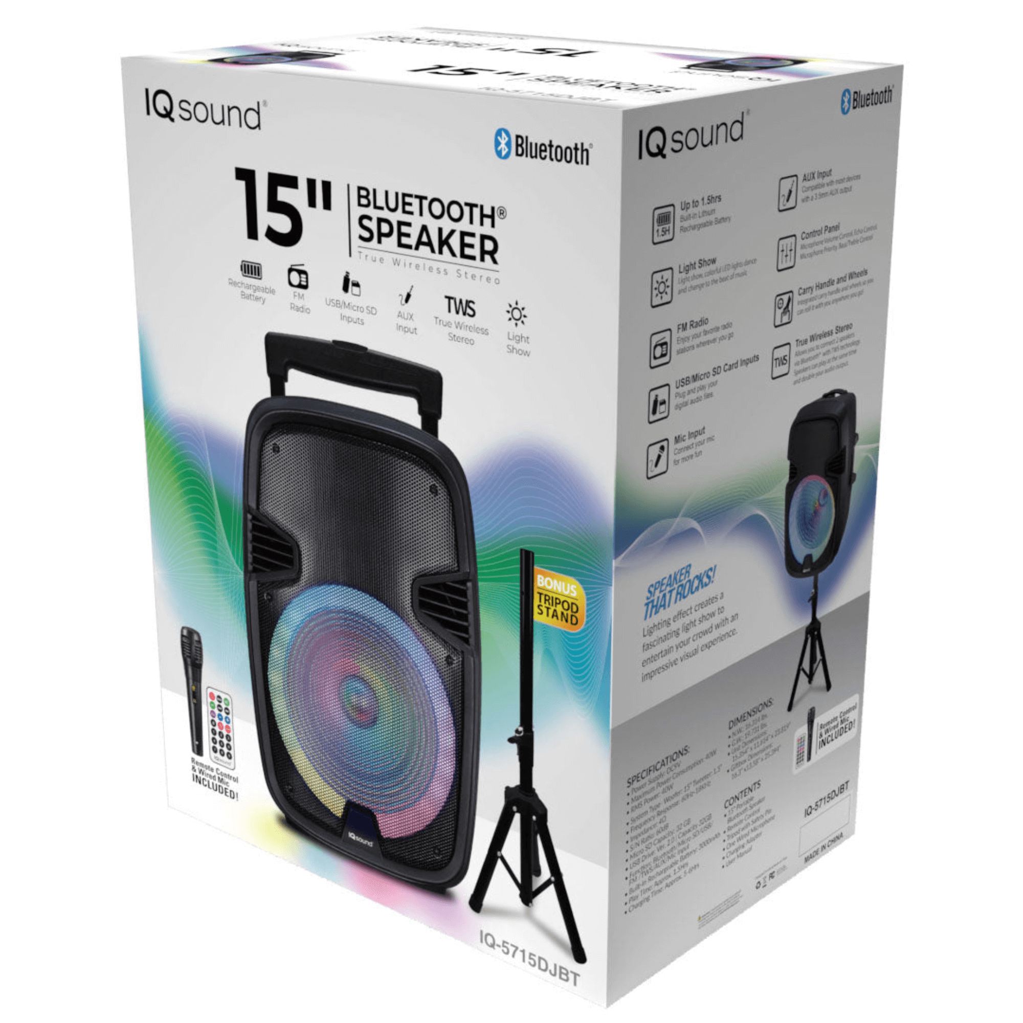 IQ Sound 15" Portable Bluetooth Speaker with True Wireless Stereo & Mic