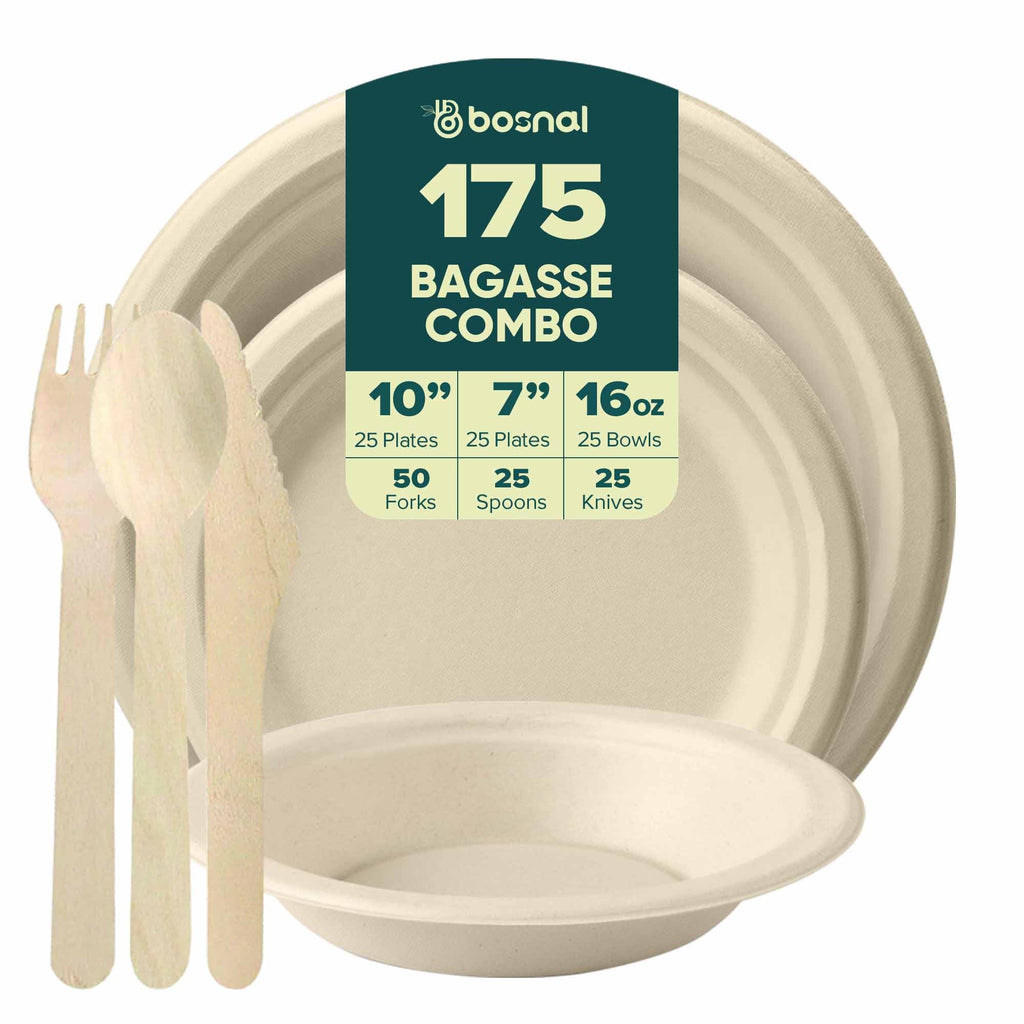 10 Inch & 7 Inch Round Plates with 16 oz Bowls & Cutlery, 100% Plant-Based Sugarcane Bagasse, Compostable, Microwave Safe