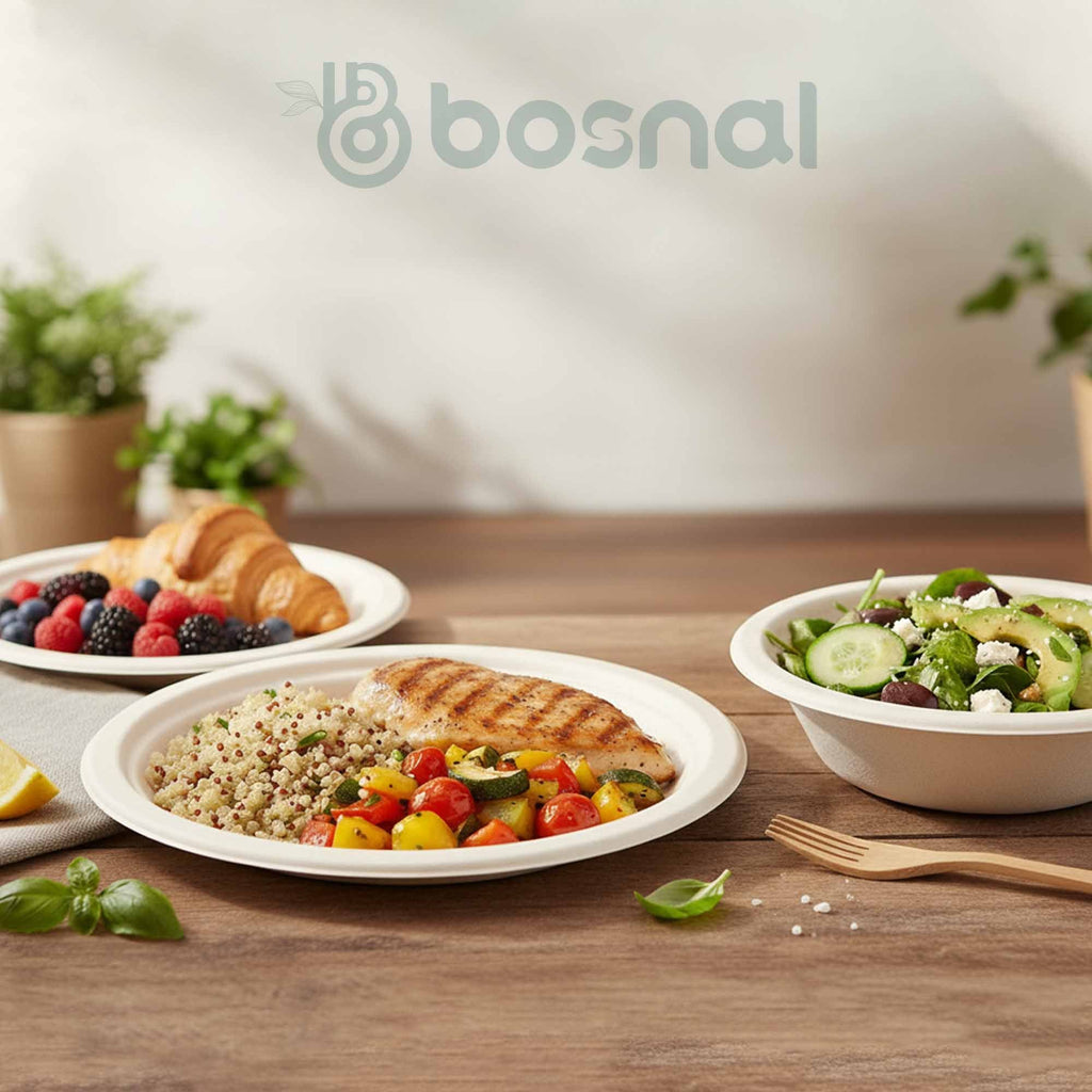 10 Inch & 7 Inch Round Plates with 16 oz Bowls & Cutlery, 100% Plant-Based Sugarcane Bagasse, Compostable, Microwave Safe