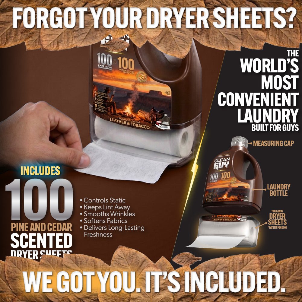 Heavy Duty Premium Laundry Detergent + Built-In Dryer Sheets (100 Loads) -  LEATHER & TOBACCO