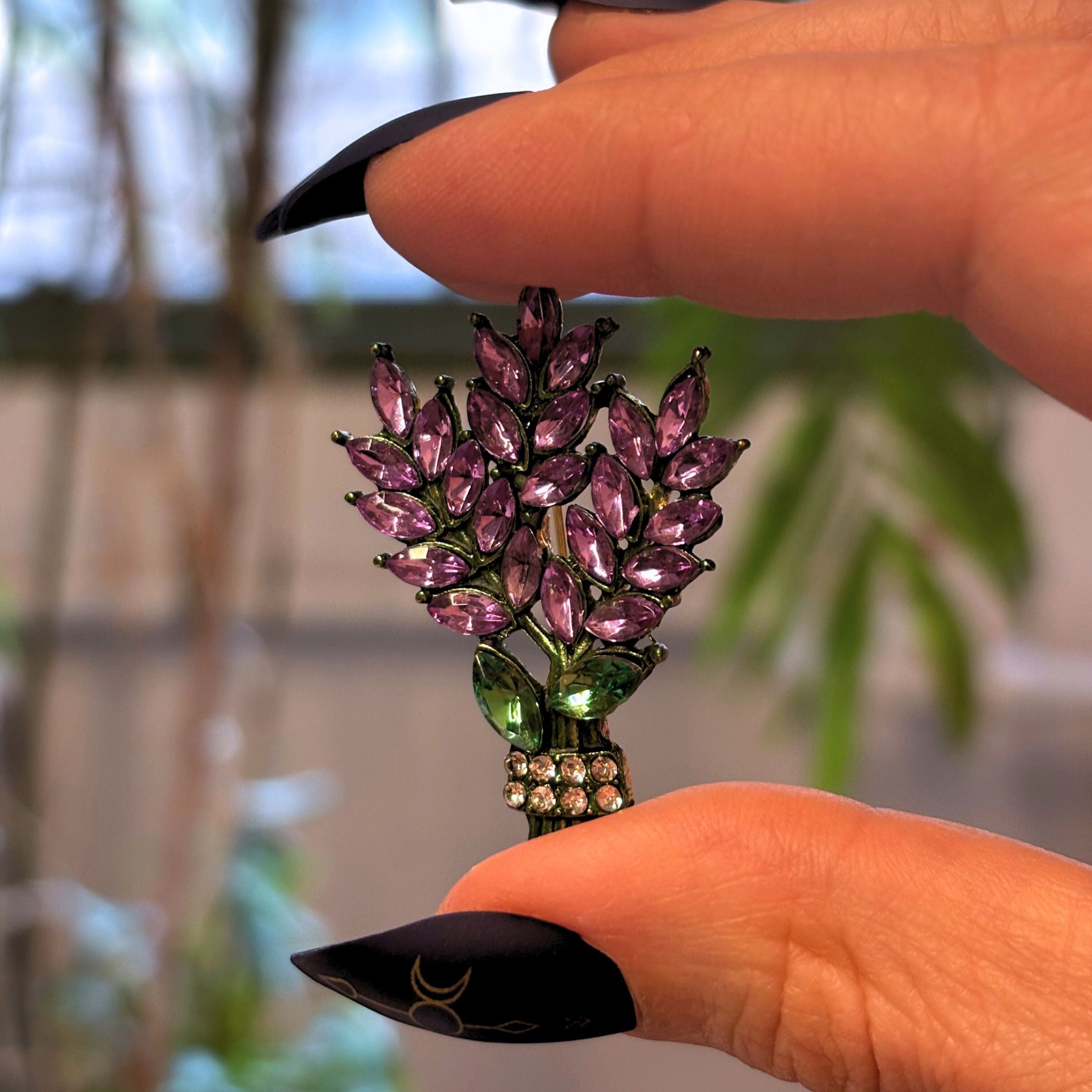 Lilac Brooch Pin 2" Purple Gemstone Floral Jewelry | Vintage Metal Alloy
