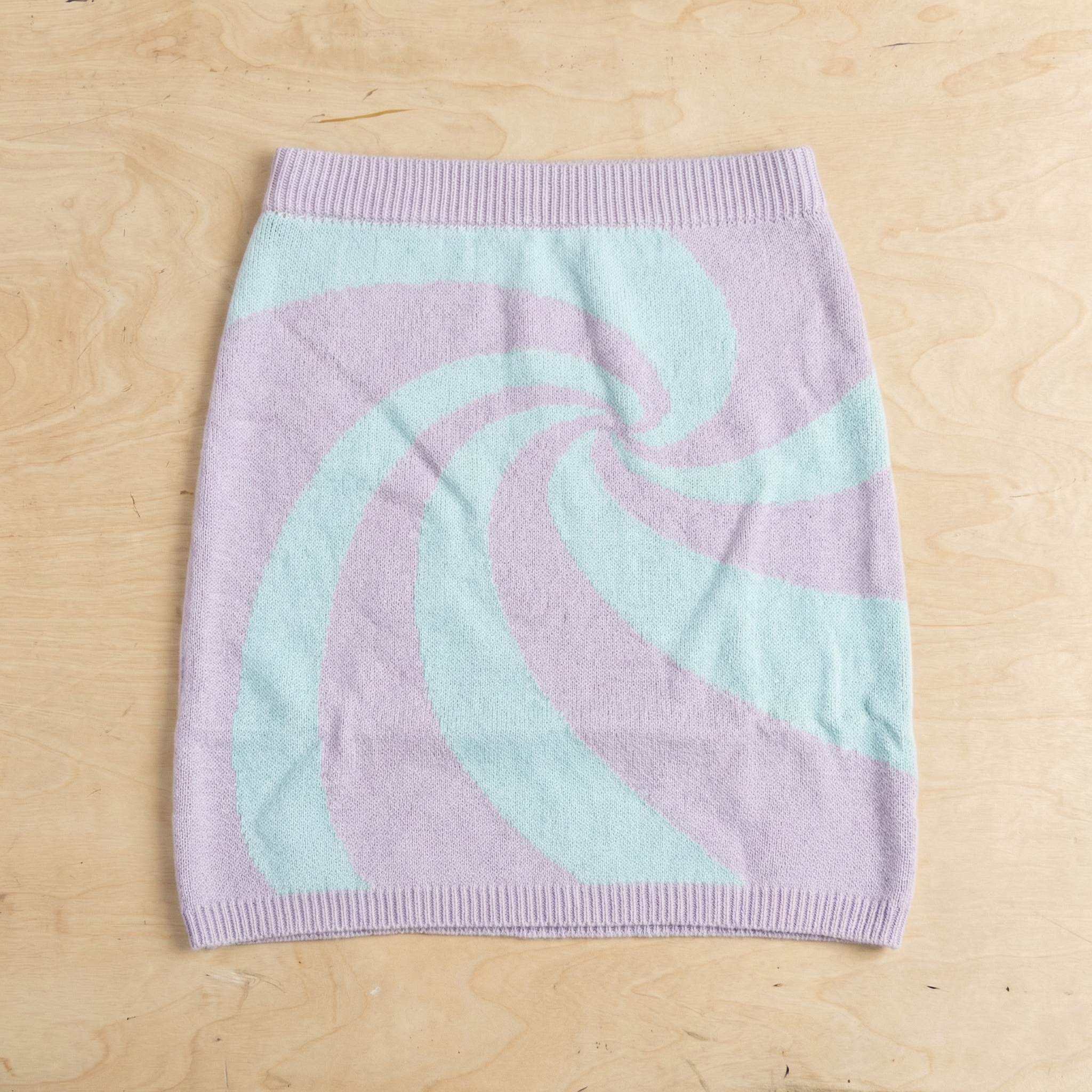 Mod Swirl Sweater Mini Skirt | Lilac & Pale Blue Knit Skirt with Intarsia Design (SM–XL)