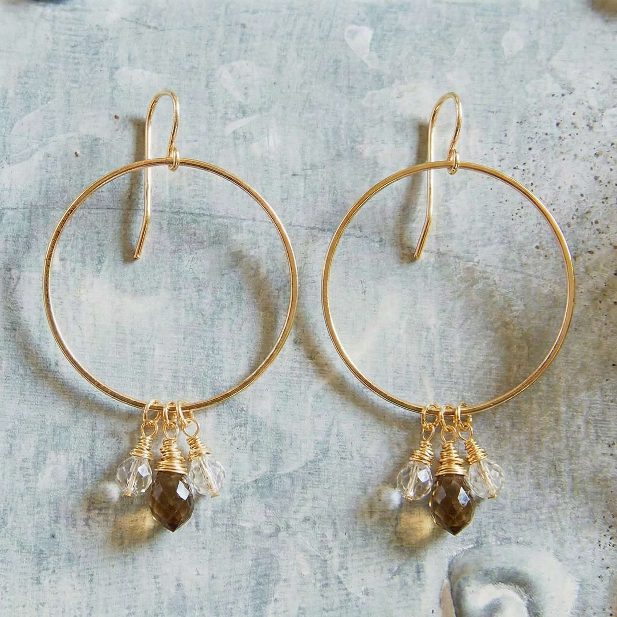 Mosaic Dangle Hoops Earrings in Gold | Cut Glass Crystal Gemstones