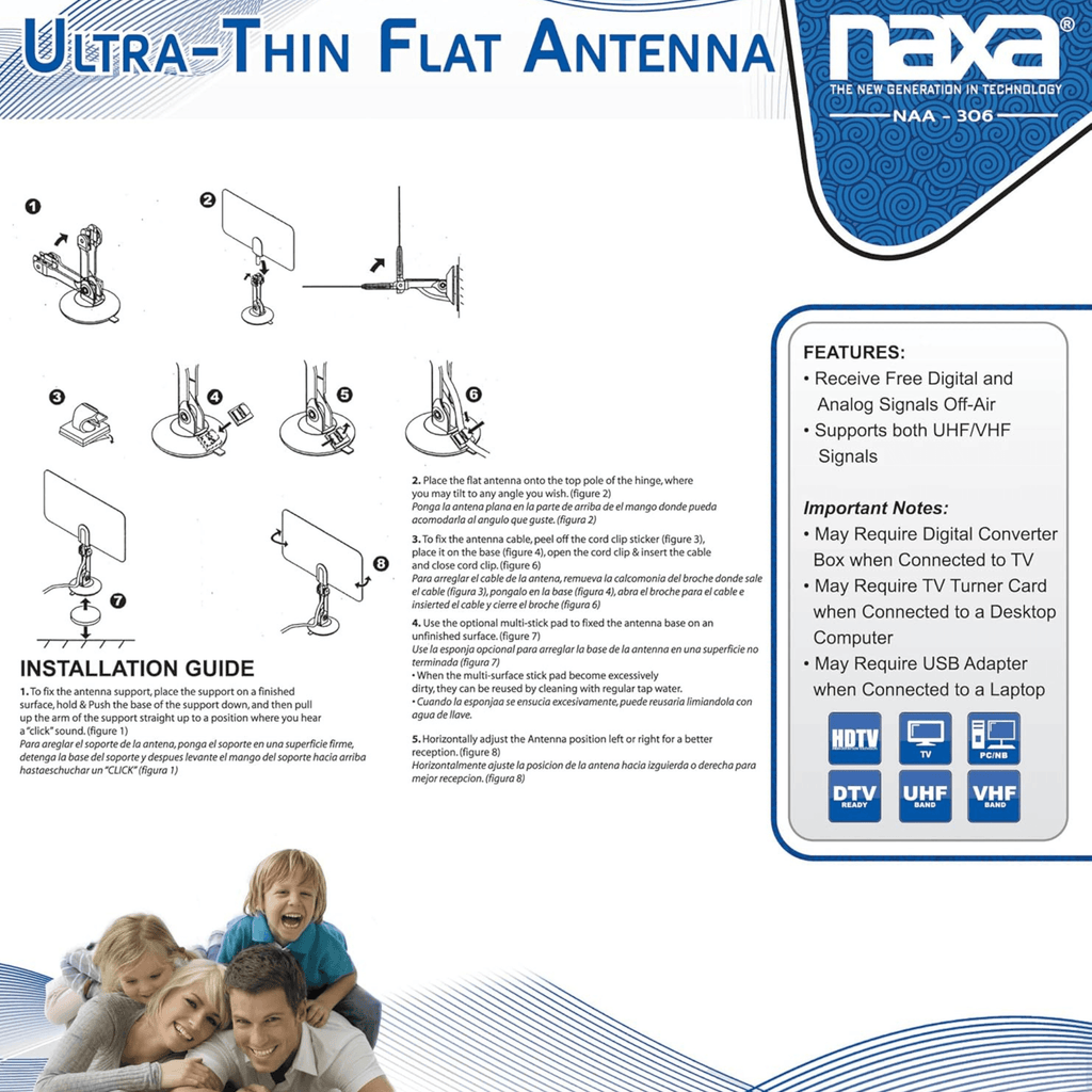 Naxa Ultra-Thin Flat Panel Style Powered Antenna For HDTV and ATSC Digital TV