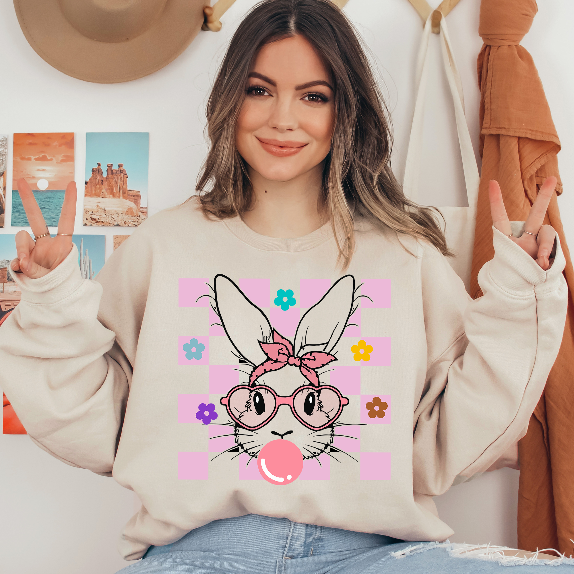 Cartoon Easter Bunny Pink Ready To Press DTF Transfers, DTF Hot Peel