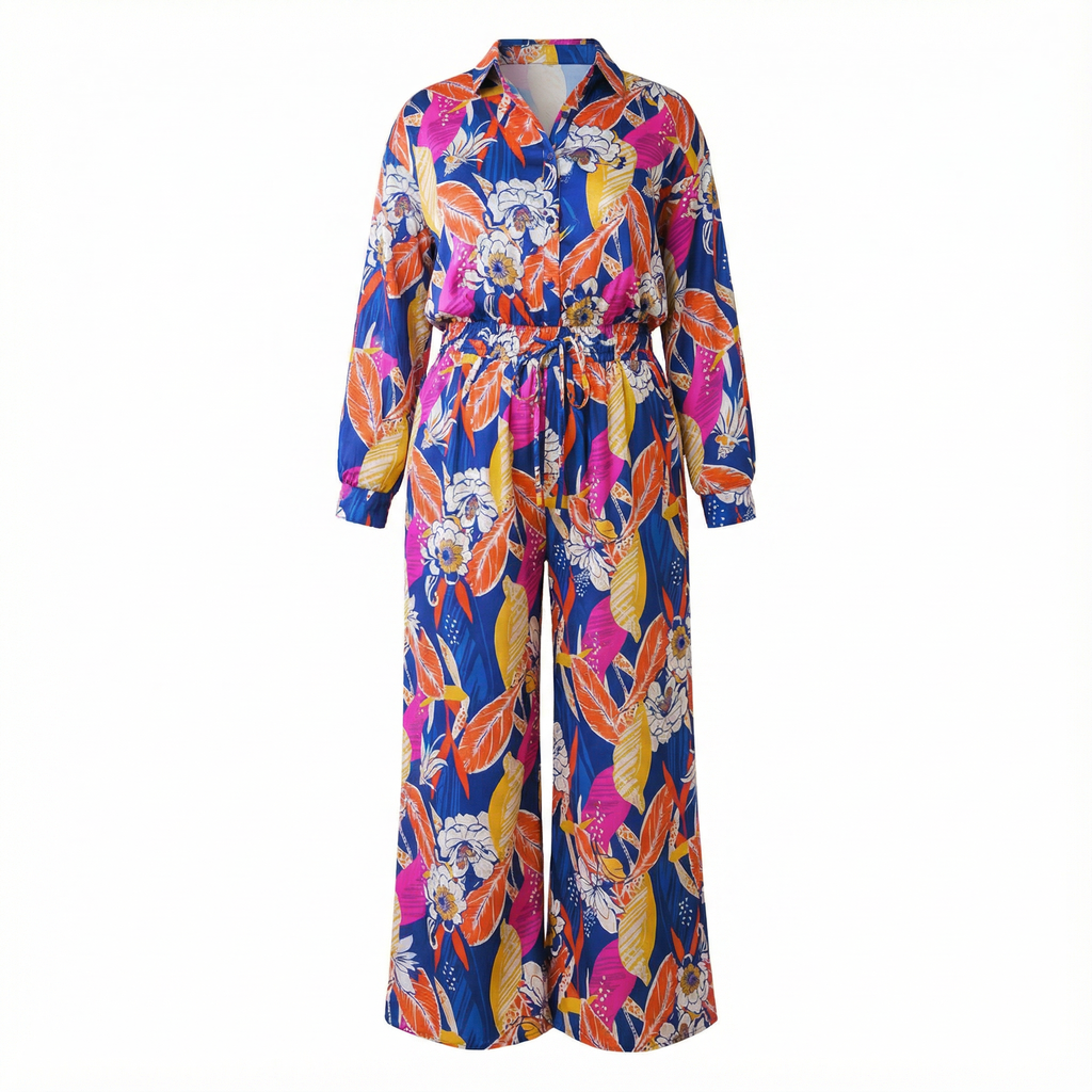 Plus Size Printed Woven Jumpsuit in Blue with Flowers And Leaf Designs | Long Sleeve Romper [Sizes 1X-3X]