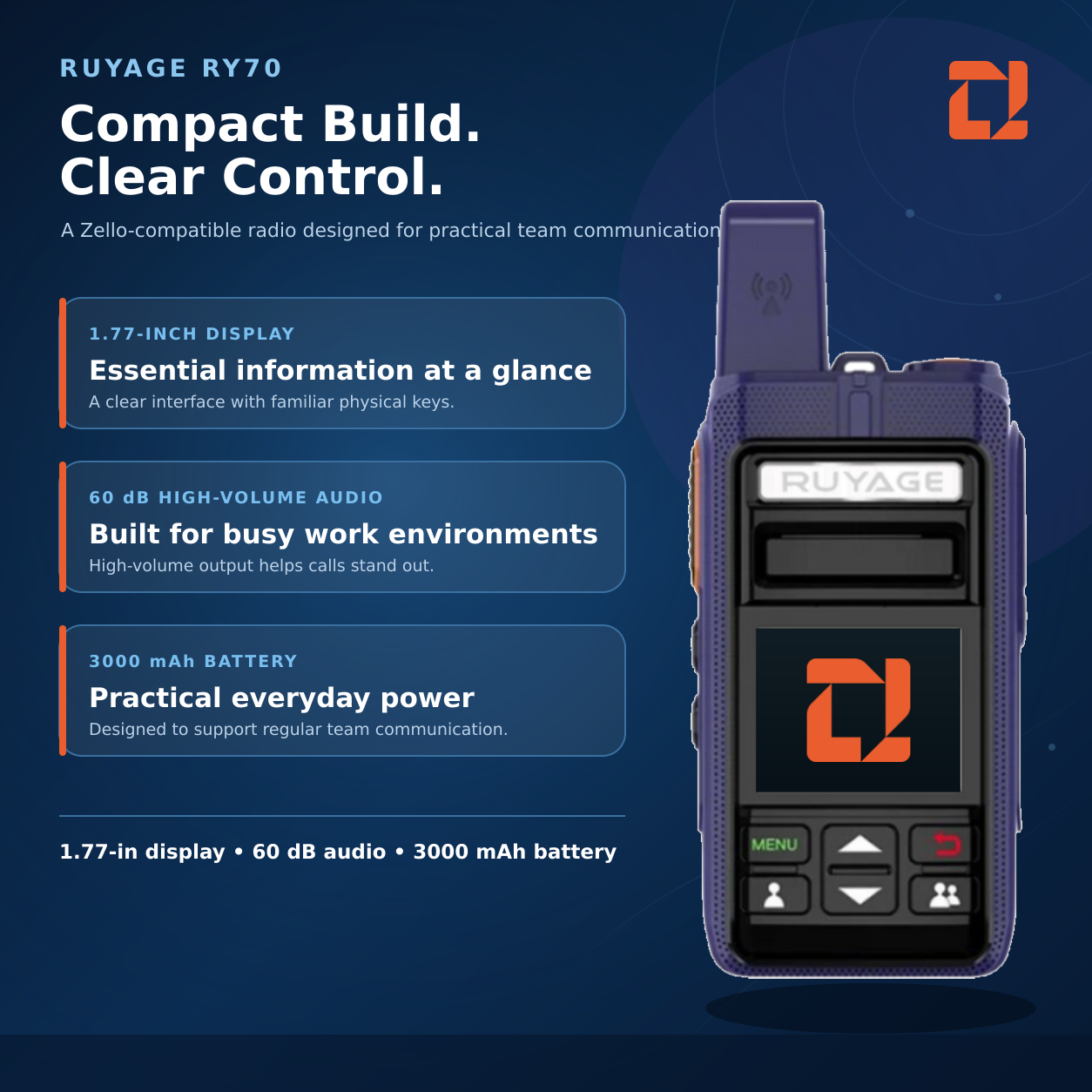 RUYAGE RY70 Zello-Compatible Touchscreen WiFi Walkie Talkie – 3000mAh