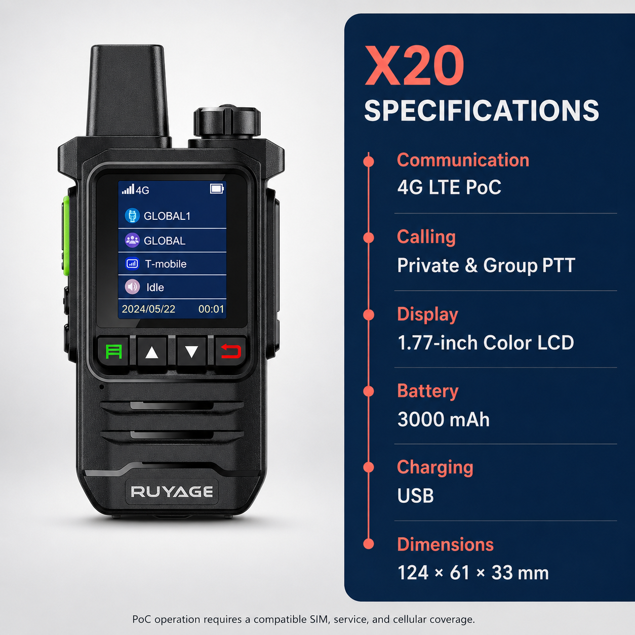 RUYAGE X20 Lightweight 4G LTE PoC Walkie Talkie – 1-Year Service