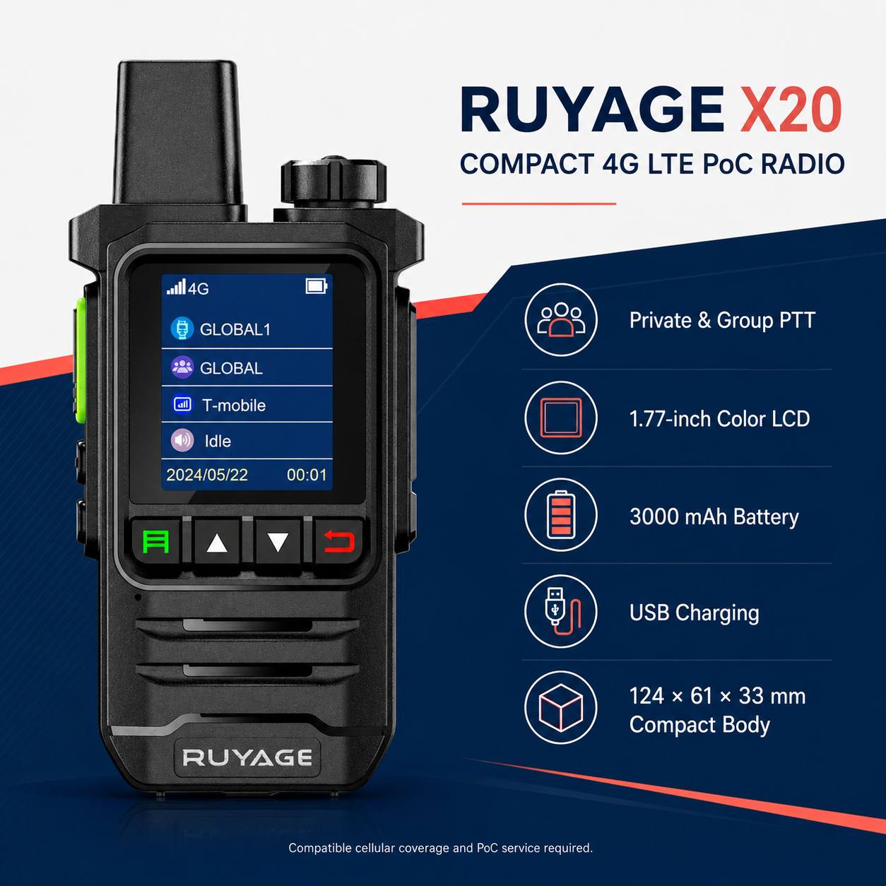 RUYAGE X20 Lightweight 4G LTE PoC Walkie Talkie – 1-Year Service