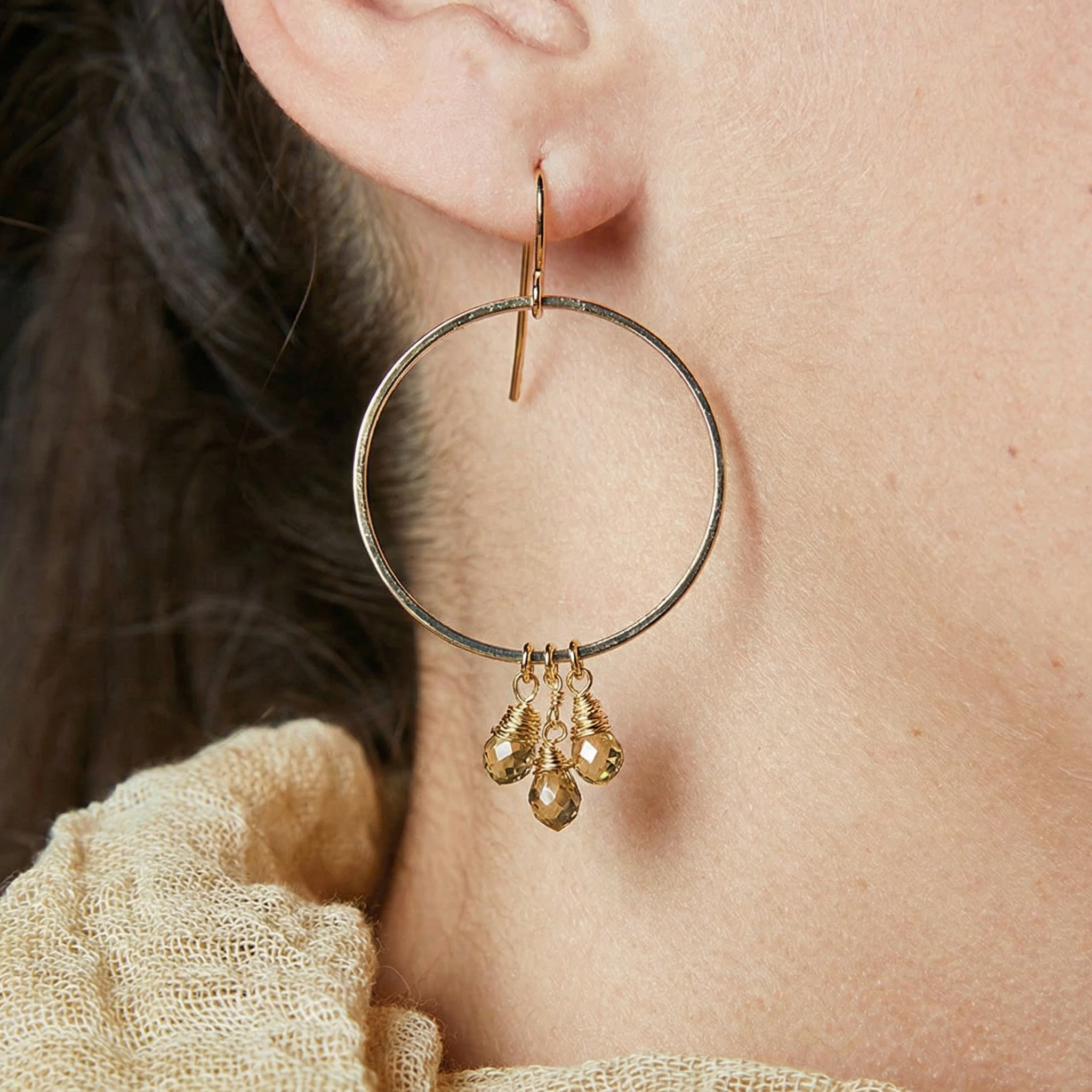 Radiant Crystal Dangle Hoops Earrings in Gold | Cut Glass Gemstones