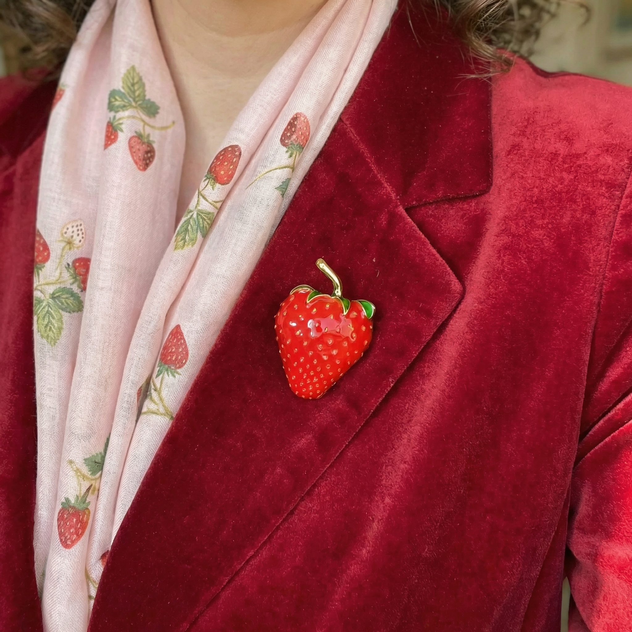 Red Strawberry Brooch | 1.4" Pin in Metal Alloy with Gold Finish