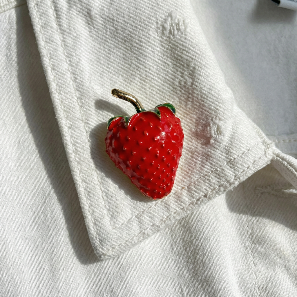 Red Strawberry Brooch | 1.4" Pin in Metal Alloy with Gold Finish