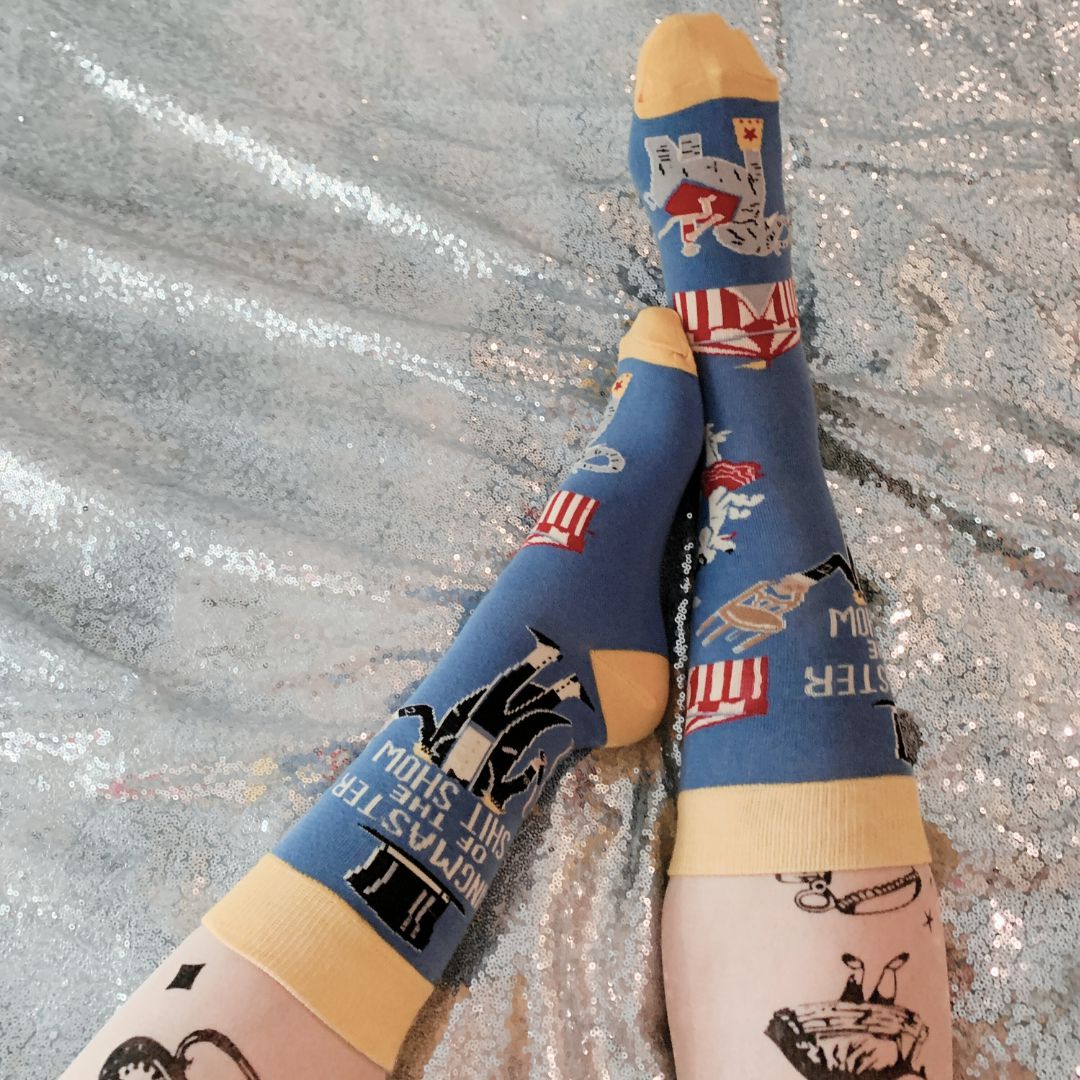 Ringmaster Of The Shit Show Funny Socks | Blue Circus Graphic Crew Socks