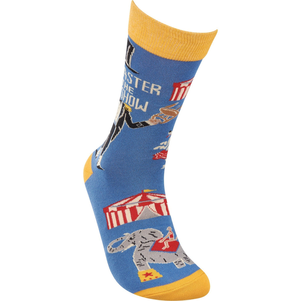 Ringmaster Of The Shit Show Funny Socks | Blue Circus Graphic Crew Socks