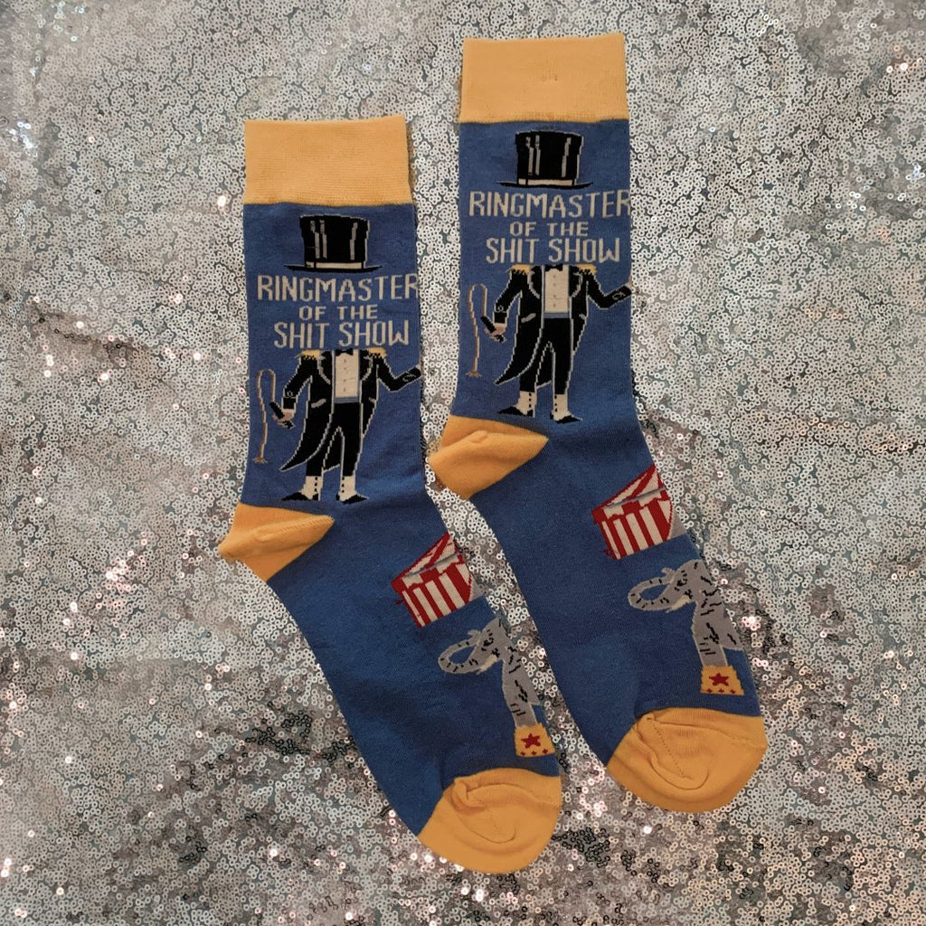 Ringmaster Of The Shit Show Funny Socks | Blue Circus Graphic Crew Socks