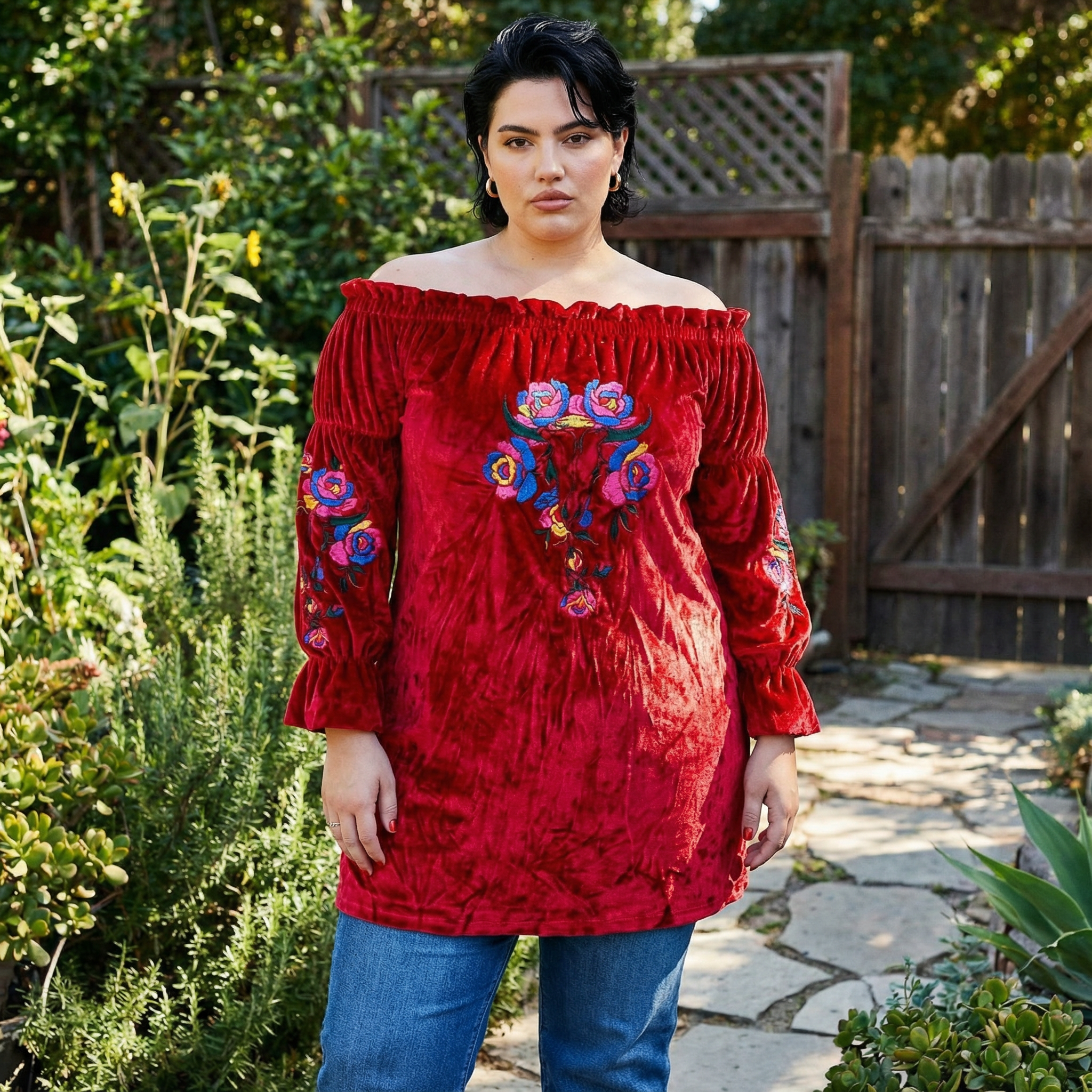 Rio Grande Embroidered Velvet Tunic Dress in Red [Size SM & 2X Remaining]