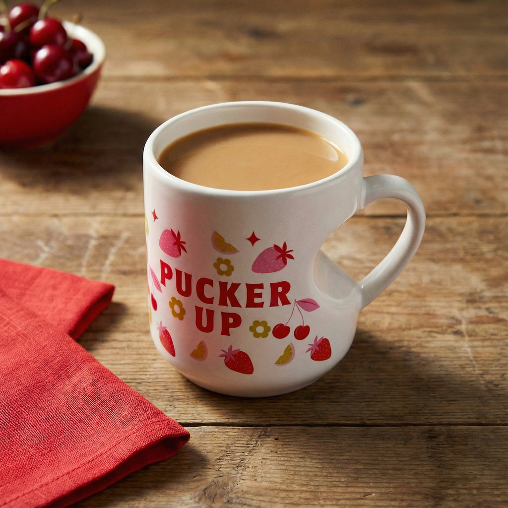 Romance Pucker Up Heart Shaped Handle Mug | Stoneware Tea Coffee Cup | 12oz