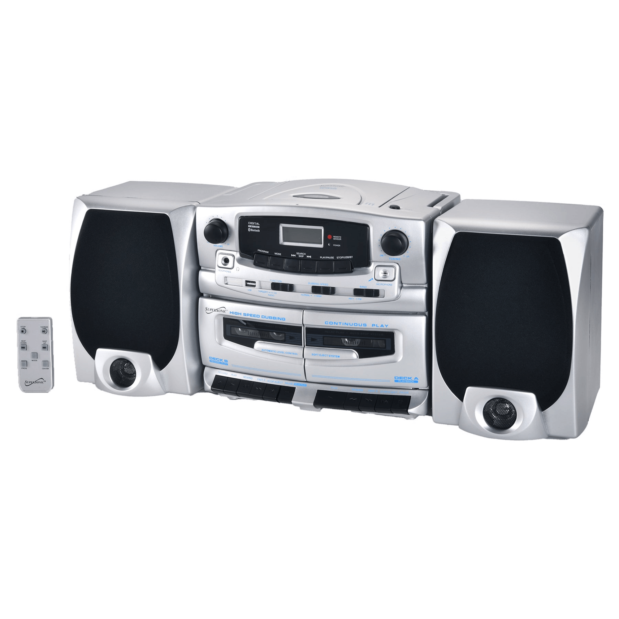 Supersonic Bluetooth Audio System with Double Cassette Recorder & Built-In Mic