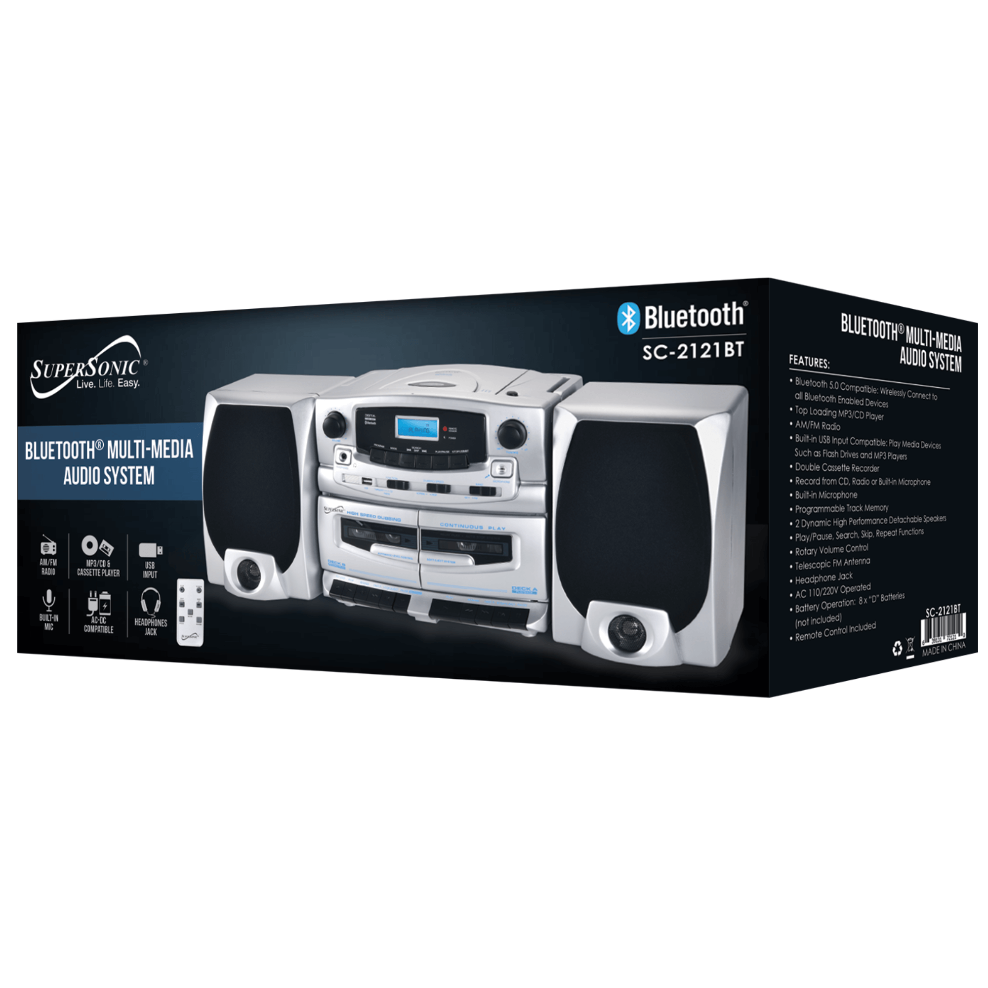 Supersonic Bluetooth Audio System with Double Cassette Recorder & Built-In Mic