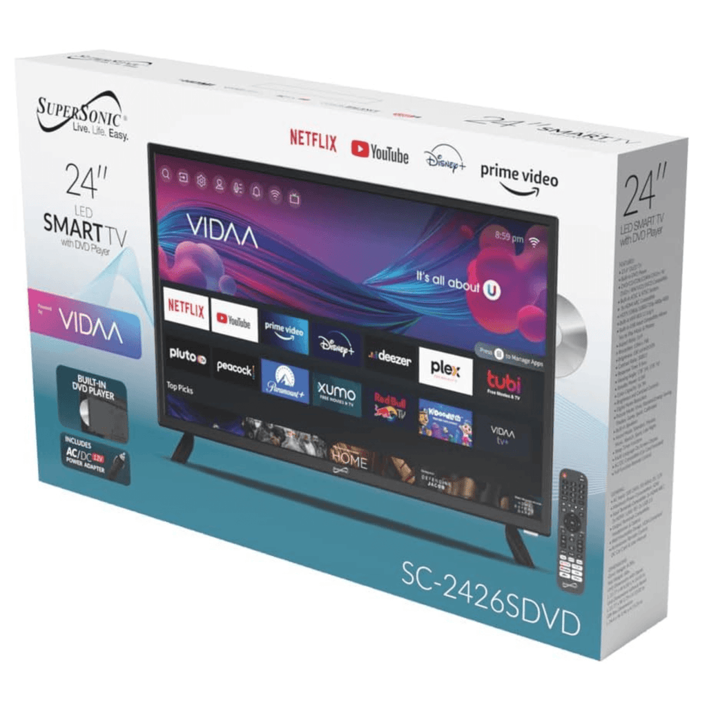 Supersonic Smart 24-inch VDAA DLED AC/DC Television with DVD Player & 12V Car Cord