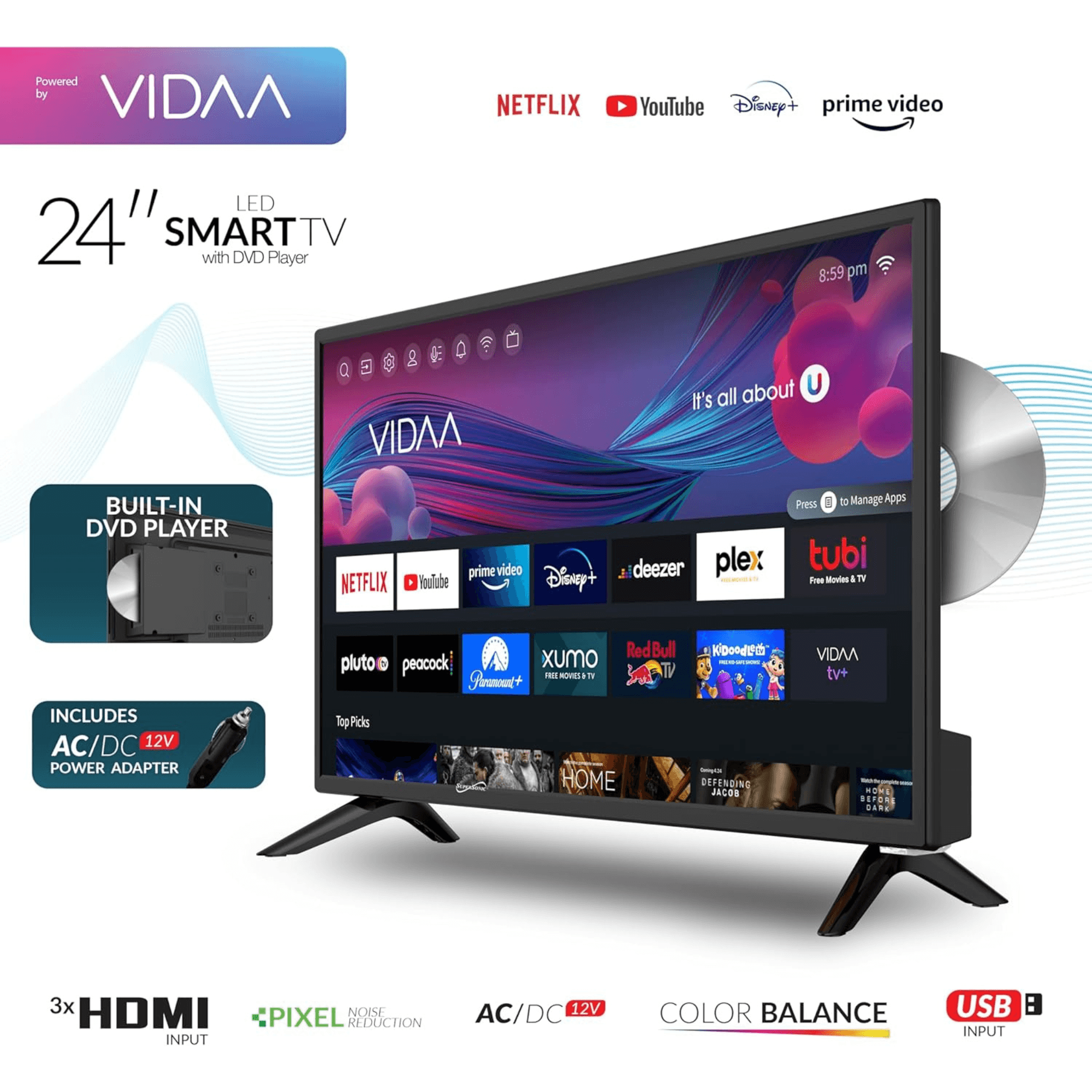 Supersonic Smart 24-inch VDAA DLED AC/DC Television with DVD Player & 12V Car Cord