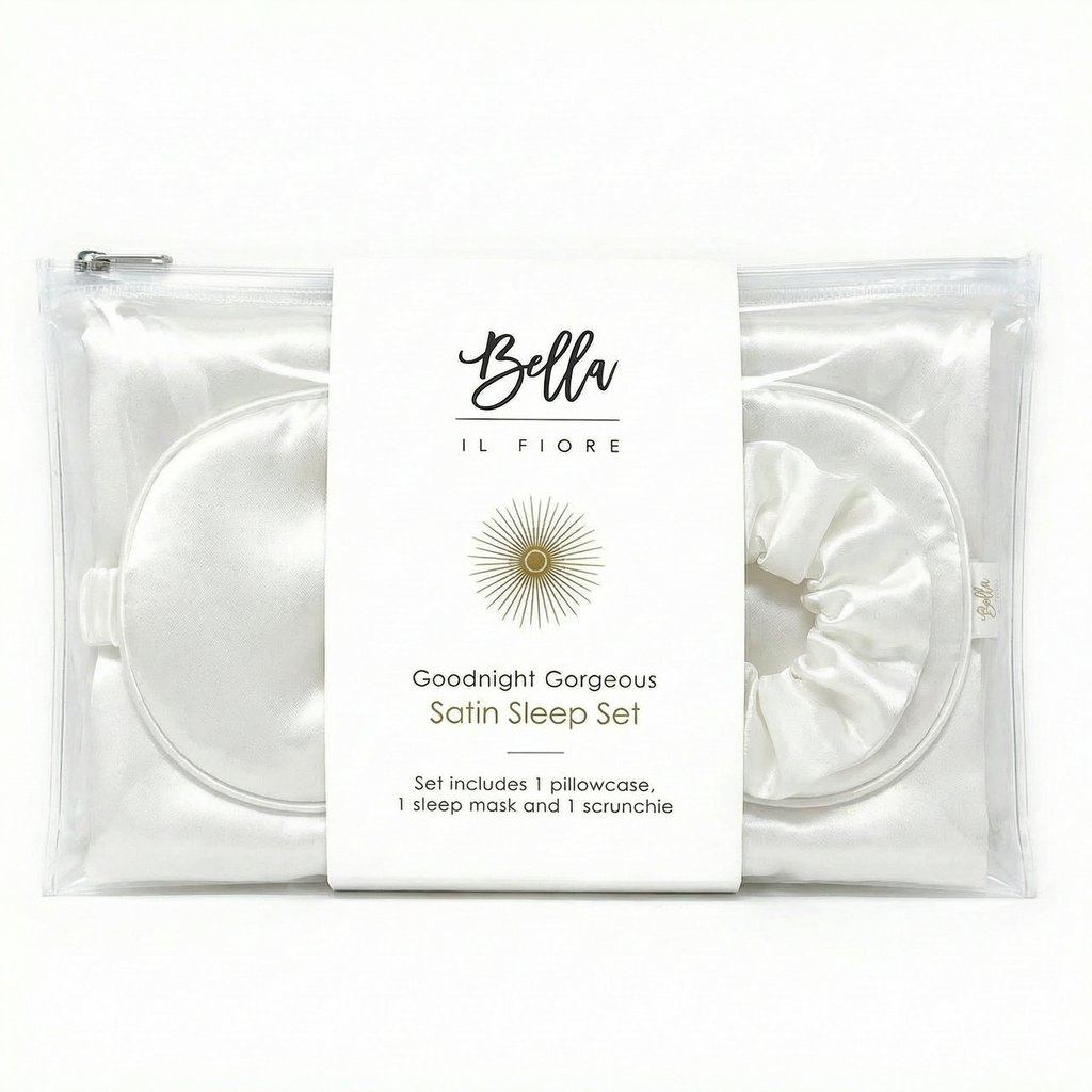 Giftable White Goodnight Gorgeous Satin Sleep Set [Includes Pillowcase, Sleep Mask + Scrunchie]