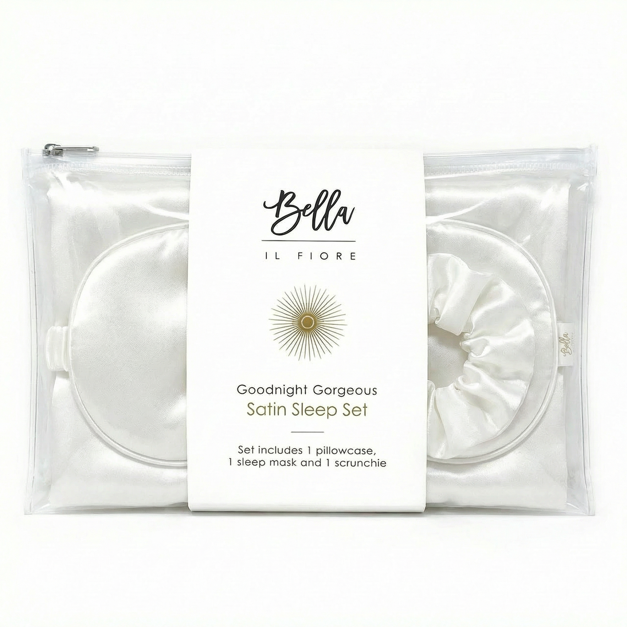 Giftable White Goodnight Gorgeous Satin Sleep Set [Includes Pillowcase, Sleep Mask + Scrunchie]