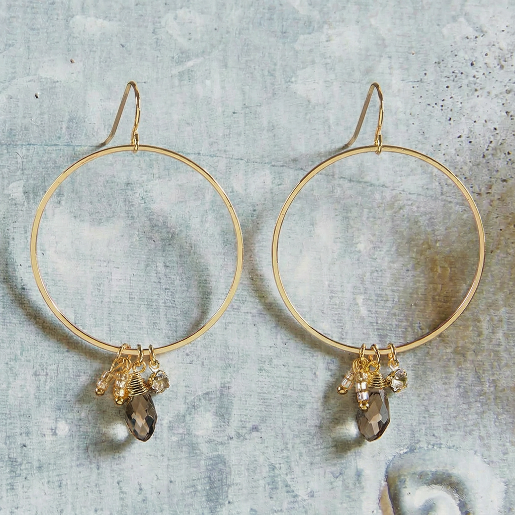 Silver Smoke Dangle Hoops Earrings in Gold | Glass Crystal Gemstones