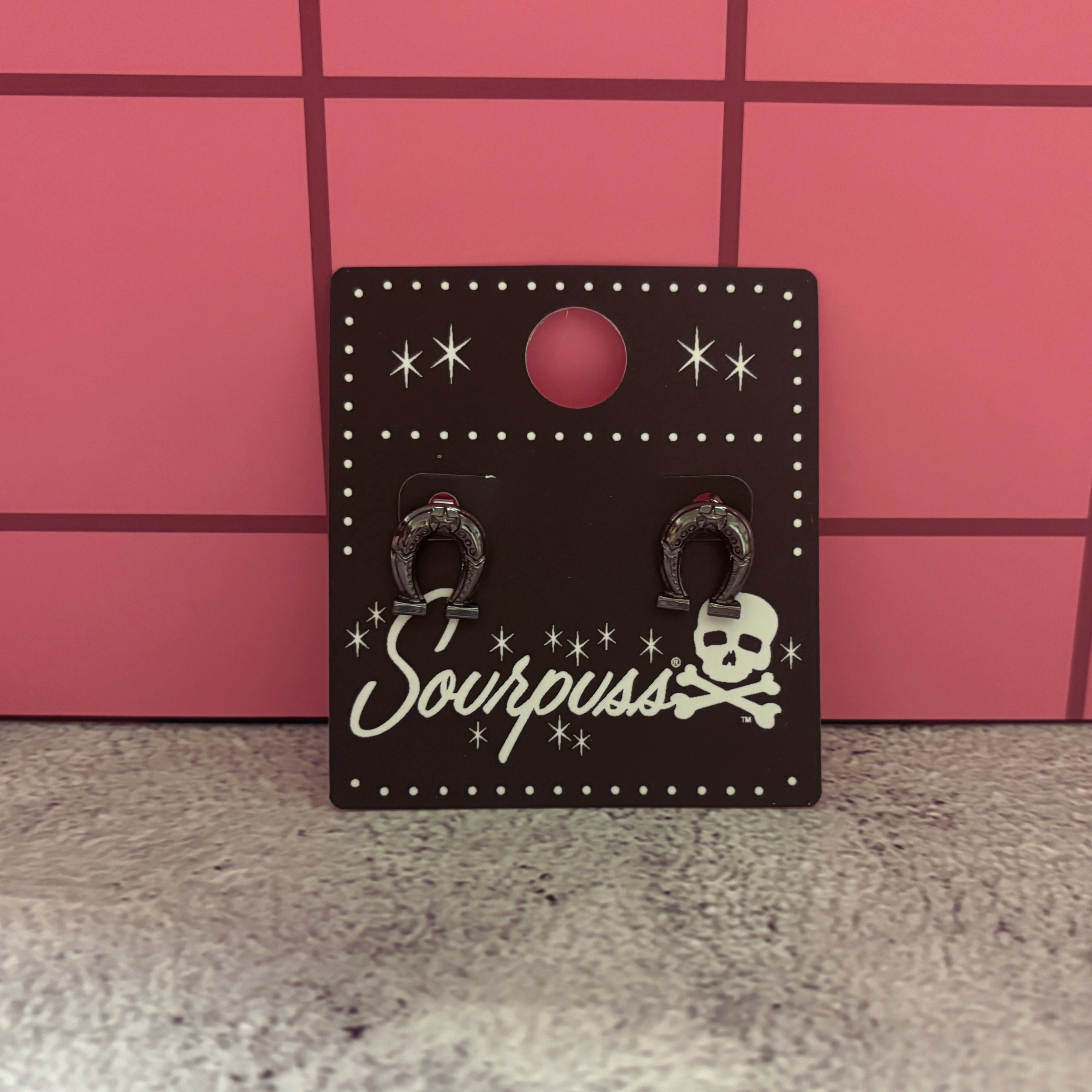 Sourpuss Earrings | Horseshoe Studs Black Gunmetal | Rockabilly Lucky Charm Jewelry