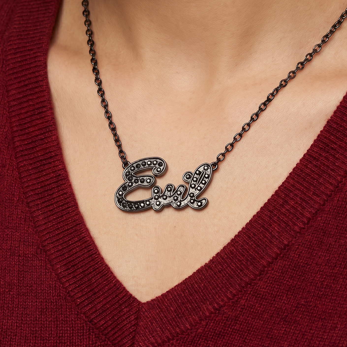 Sourpuss “Evil” Pendant Necklace with Black Rhinestones Gothic Statement Jewelry