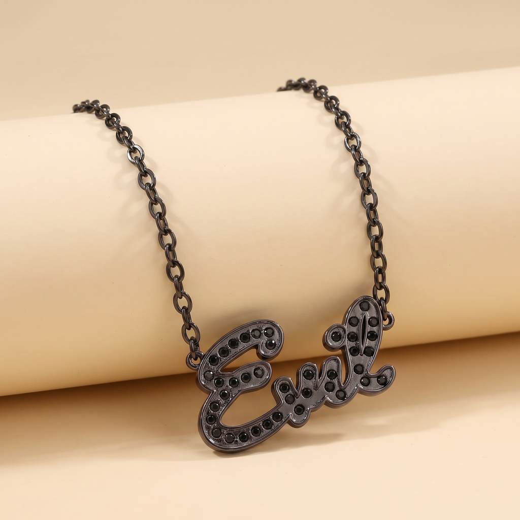 Sourpuss “Evil” Pendant Necklace with Black Rhinestones Gothic Statement Jewelry