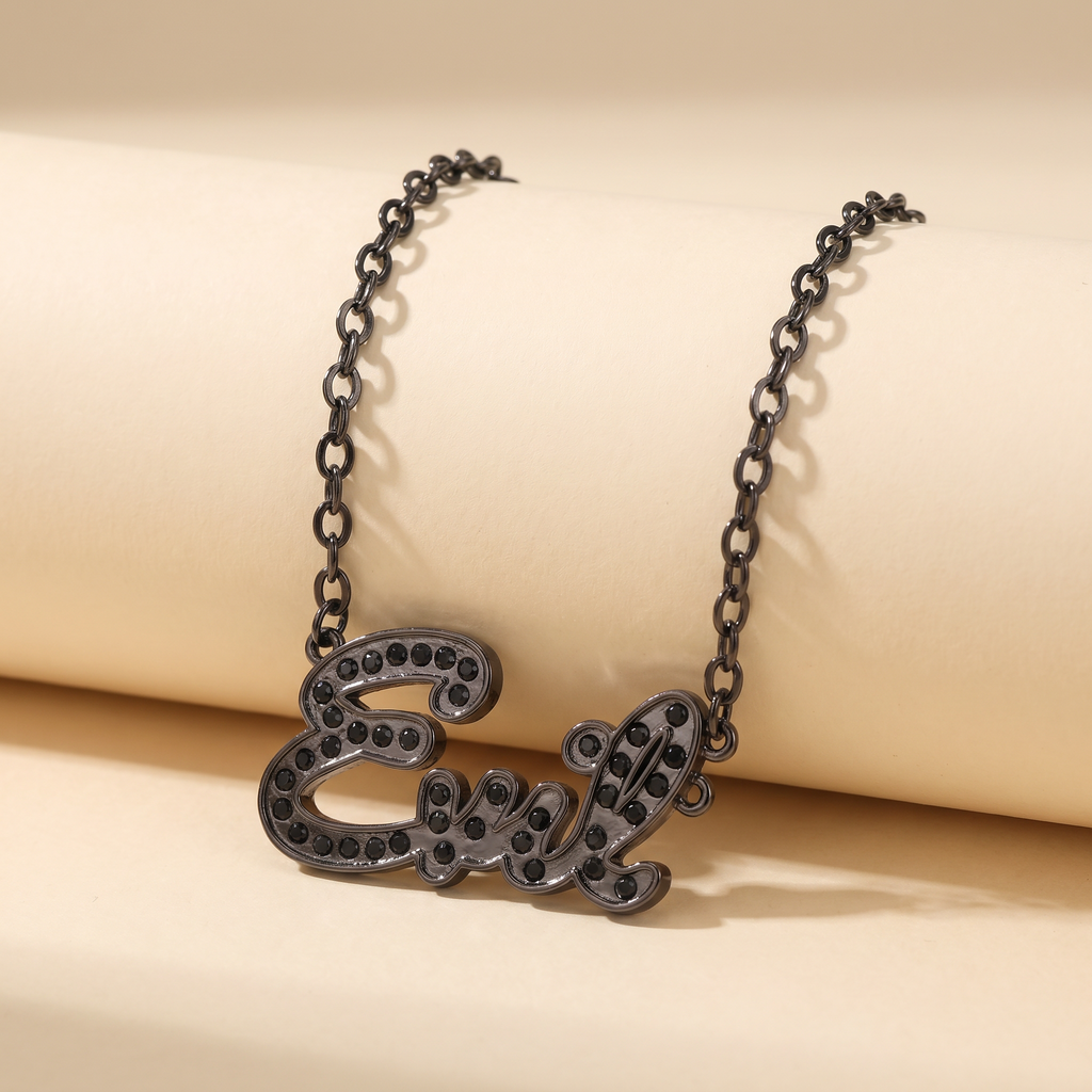 Sourpuss “Evil” Pendant Necklace with Black Rhinestones Gothic Statement Jewelry