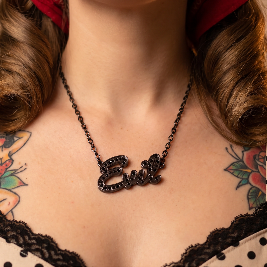 Sourpuss “Evil” Pendant Necklace with Black Rhinestones Gothic Statement Jewelry