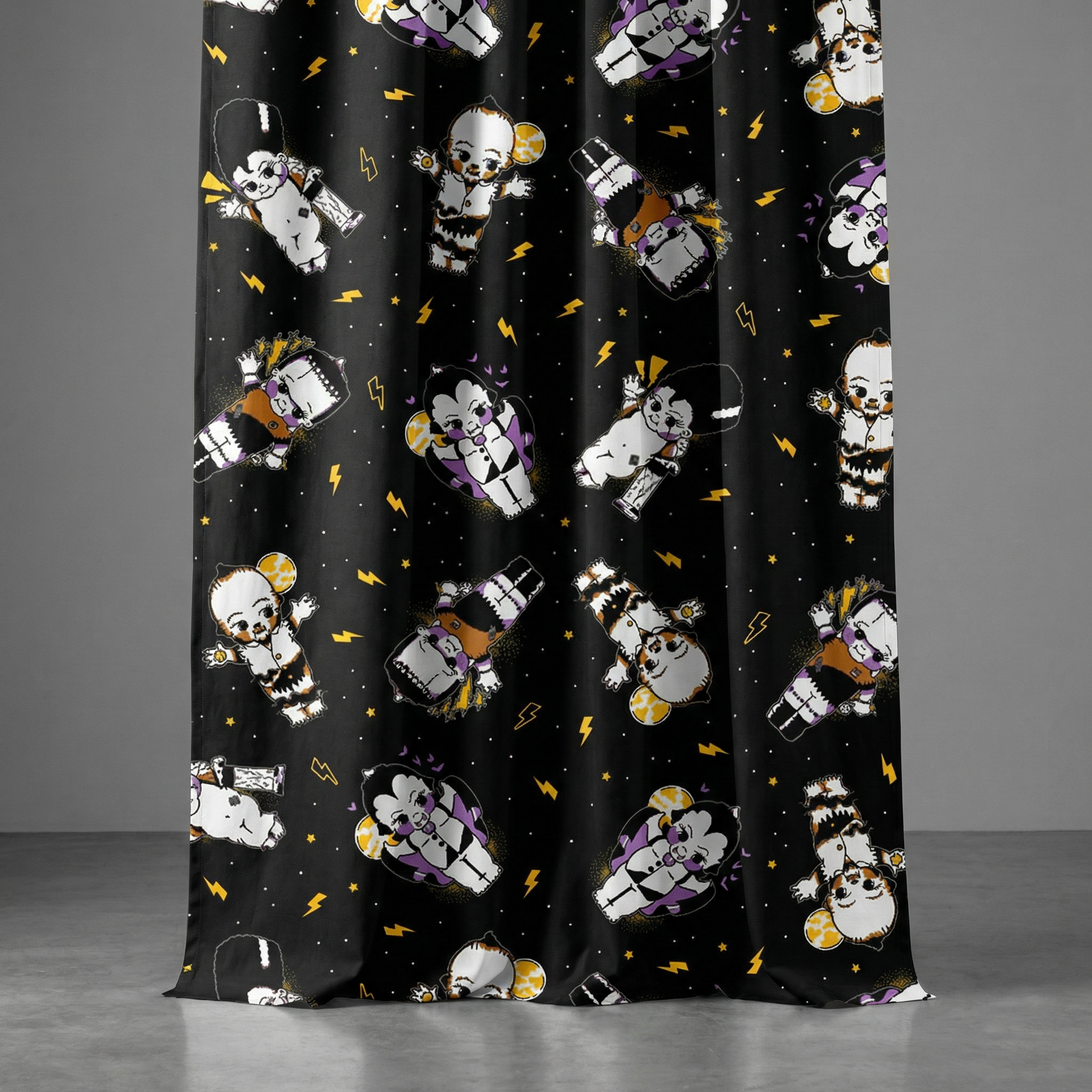 Sourpuss Kewpie Monsters Shower Curtain | Frankenstein Dracula Werewolf Polyester Bathroom Decor