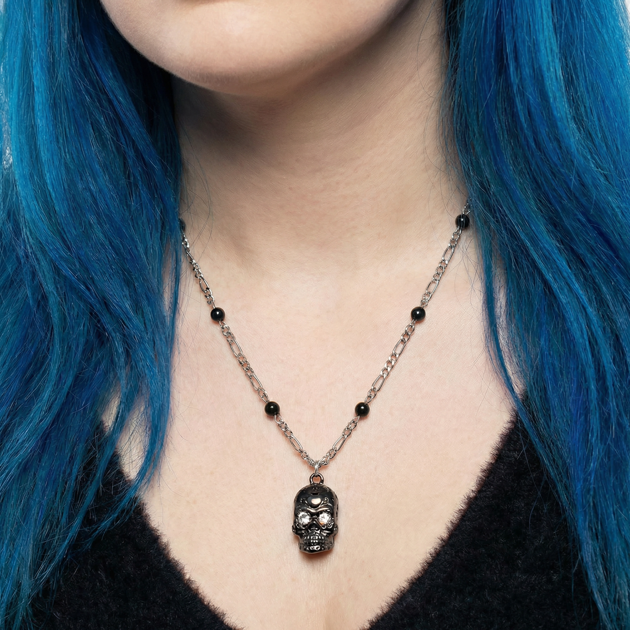 Sourpuss Silver Skull Pendant Necklace | Sugar Skull with Rhinestone Eyes – Clear & Purple Options