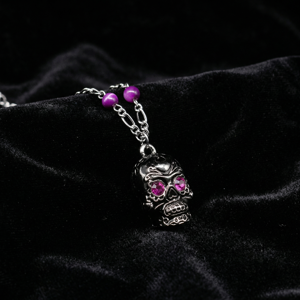 Sourpuss Silver Skull Pendant Necklace | Sugar Skull with Rhinestone Eyes – Clear & Purple Options