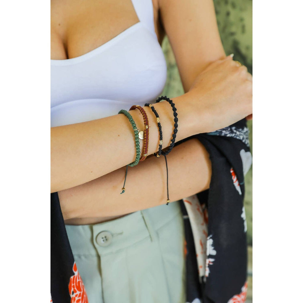 Stackable Bead and Woven Cord Stack of 5 Bracelets | Cute & Trendy Adjustable Stacked Fashion Jewelry
