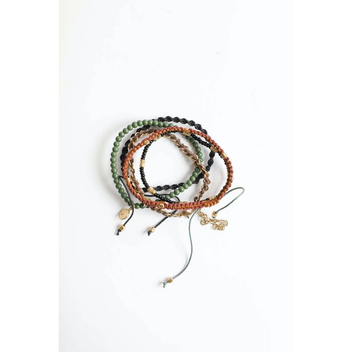 Stackable Bead and Woven Cord Stack of 5 Bracelets | Cute & Trendy Adjustable Stacked Fashion Jewelry