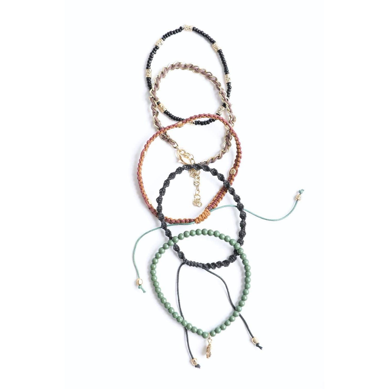 Stackable Bead and Woven Cord Stack of 5 Bracelets | Cute & Trendy Adjustable Stacked Fashion Jewelry