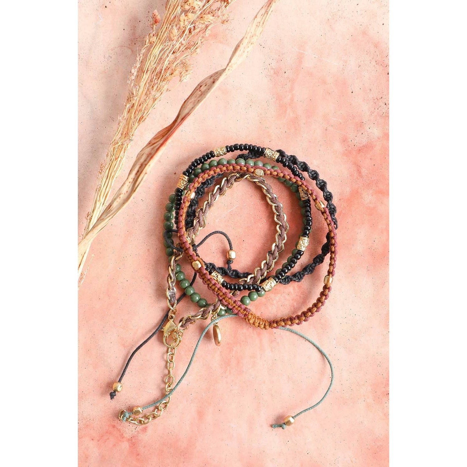 Stackable Bead and Woven Cord Stack of 5 Bracelets | Cute & Trendy Adjustable Stacked Fashion Jewelry