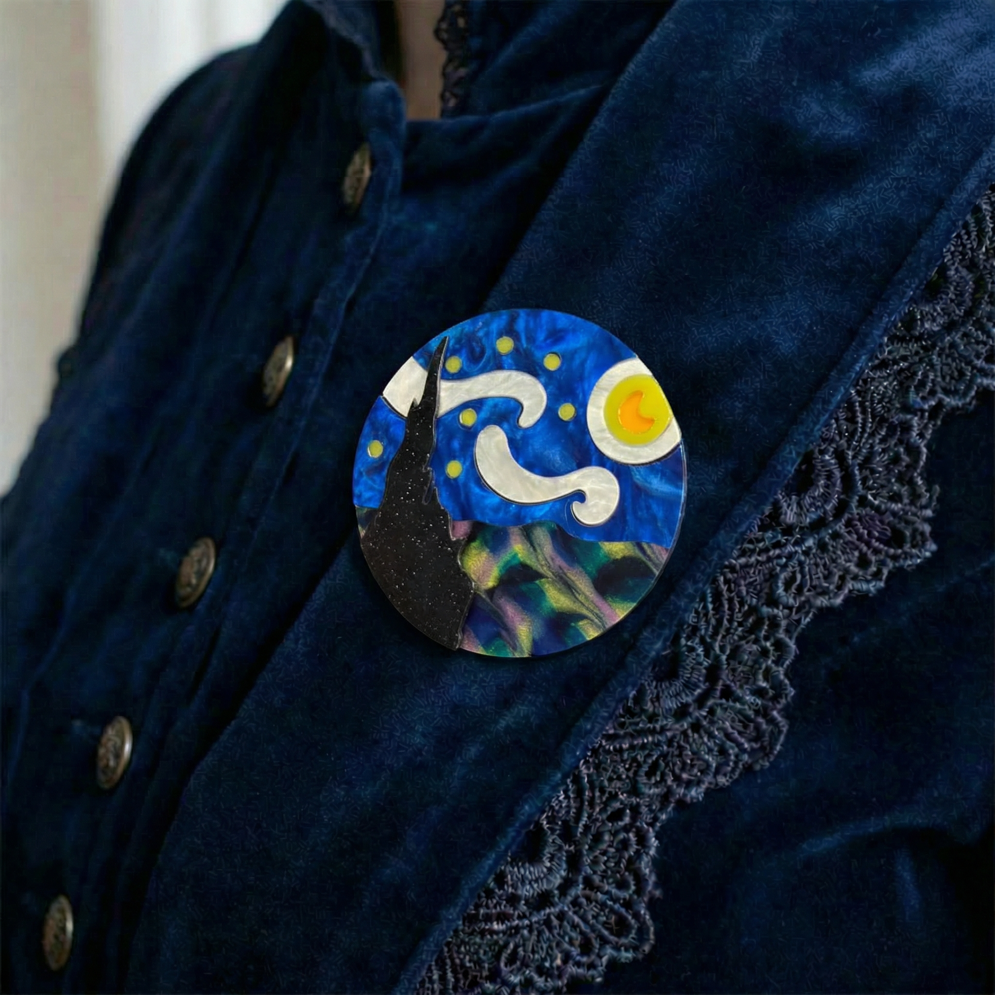 Starry Night Van Gogh Inspired Acetate Large Format Pin Brooch