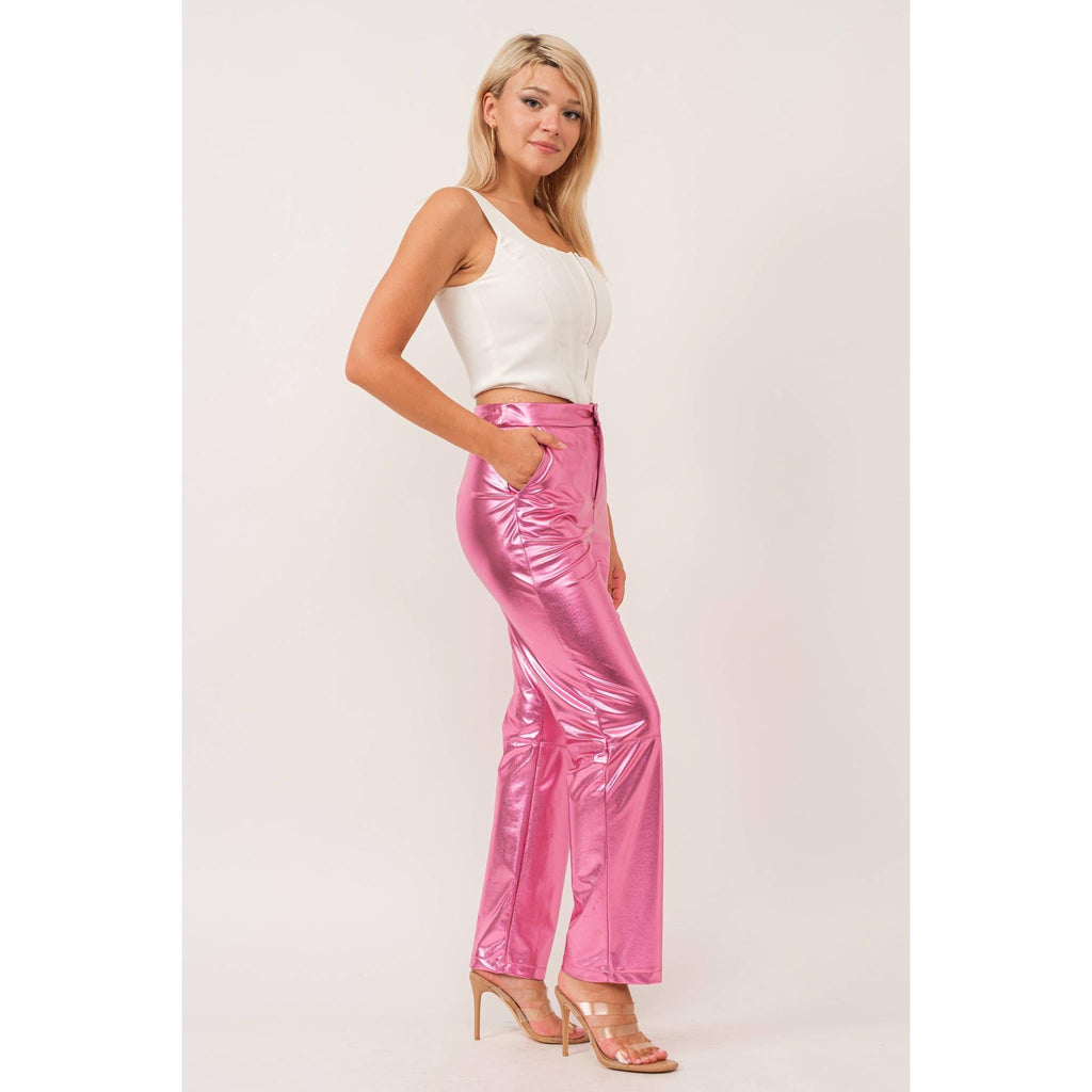 Synthetic Leather Metallic-Accented Slim-Fit Trouser in Pink