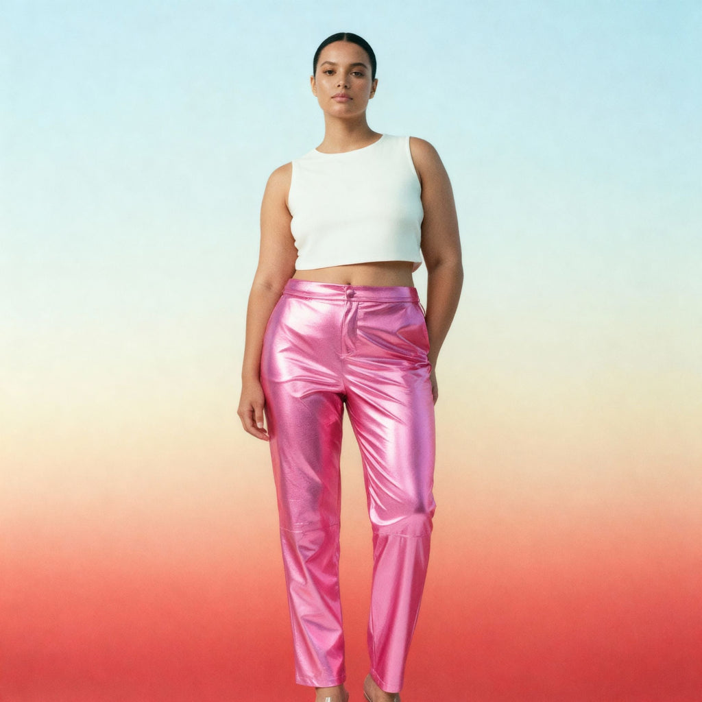 Synthetic Leather Metallic-Accented Slim-Fit Trouser in Pink