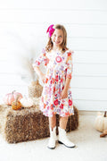 Tangerine Leaves 3/4 Sleeve Ruffle Twirl Dress