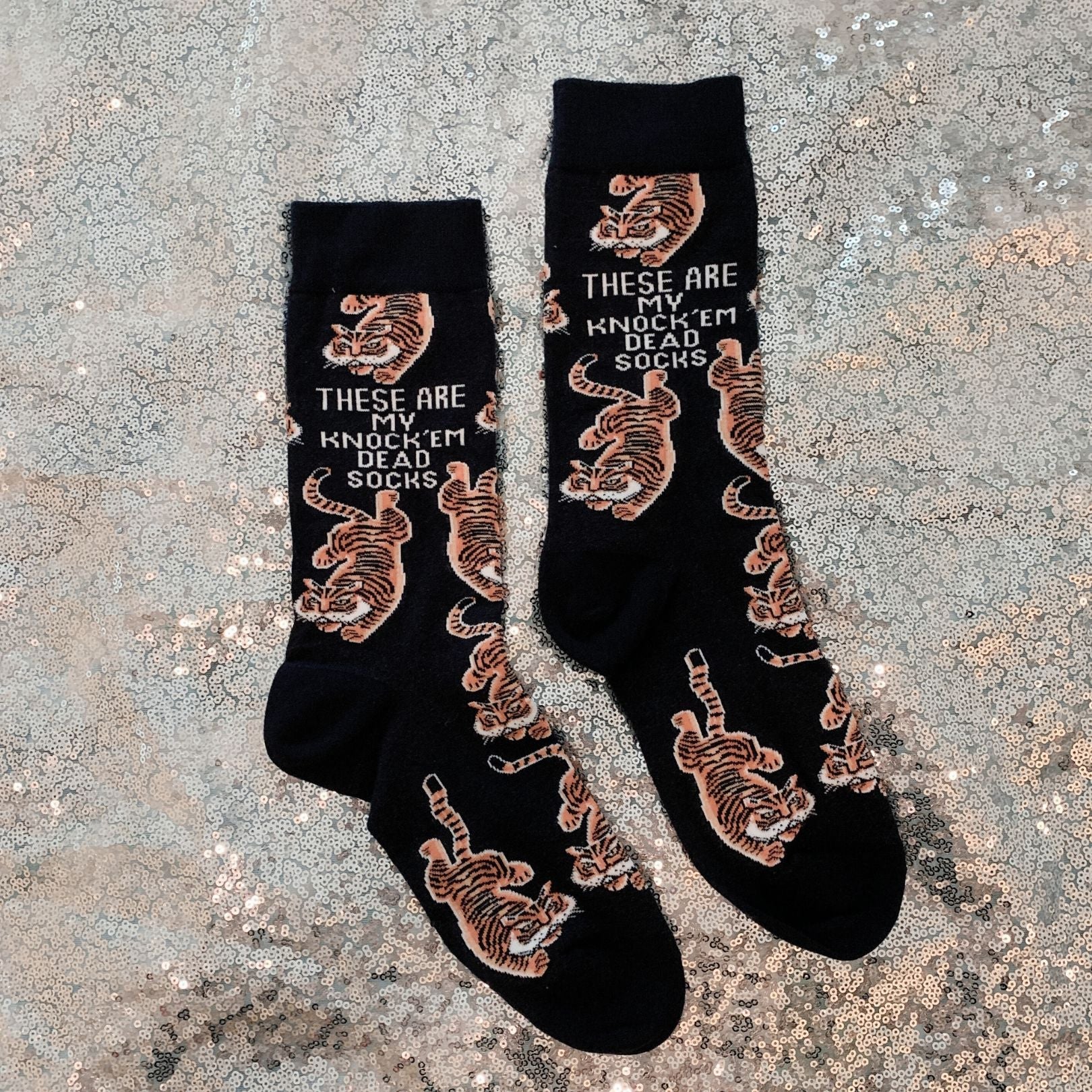 These Are My Knock ’Em Dead Socks | Tiger Motif Vintage Crew Socks