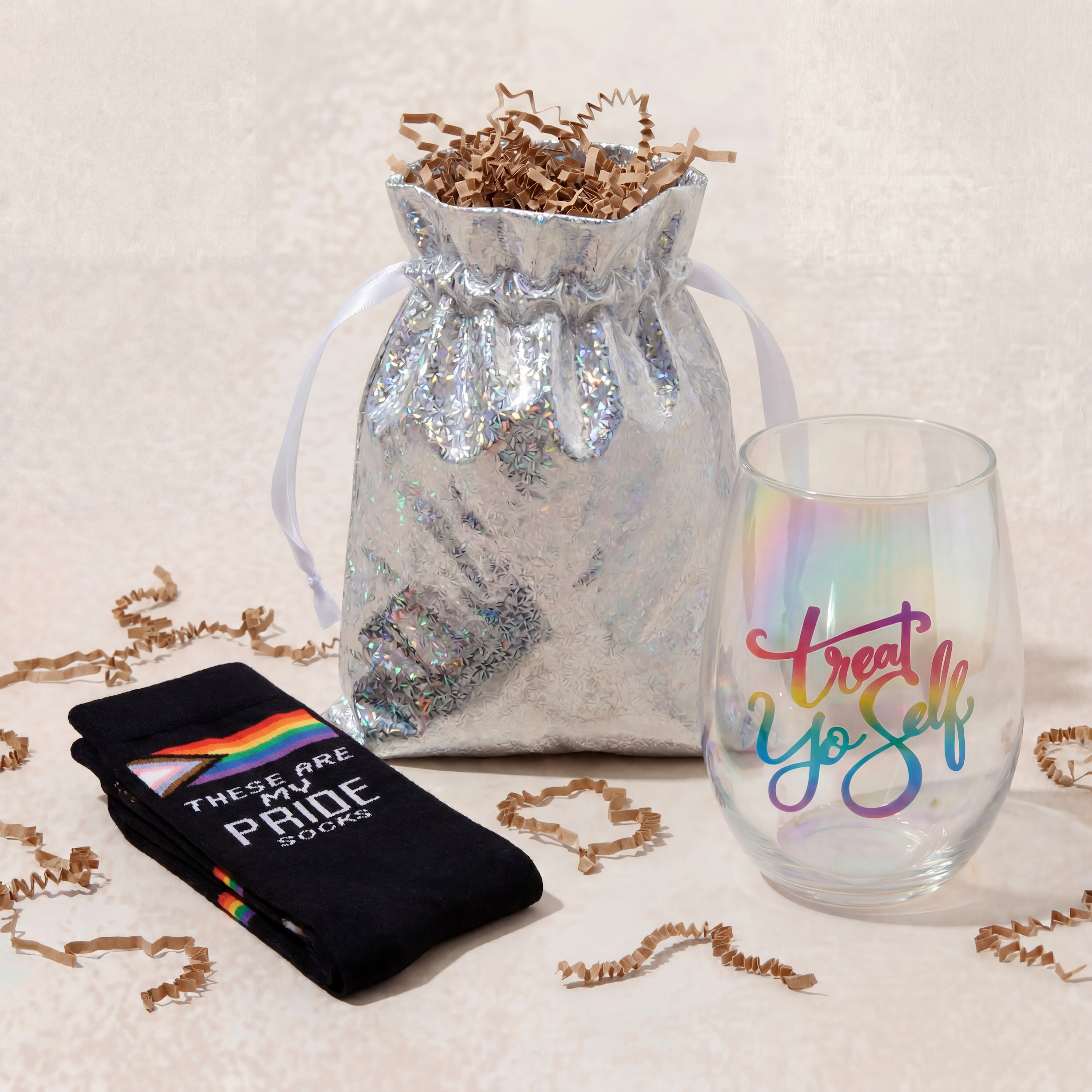 Treat Yo Self Gift Set | Jumbo Wine Glass & Pride Socks in Gift Bag | Ready to Gift!