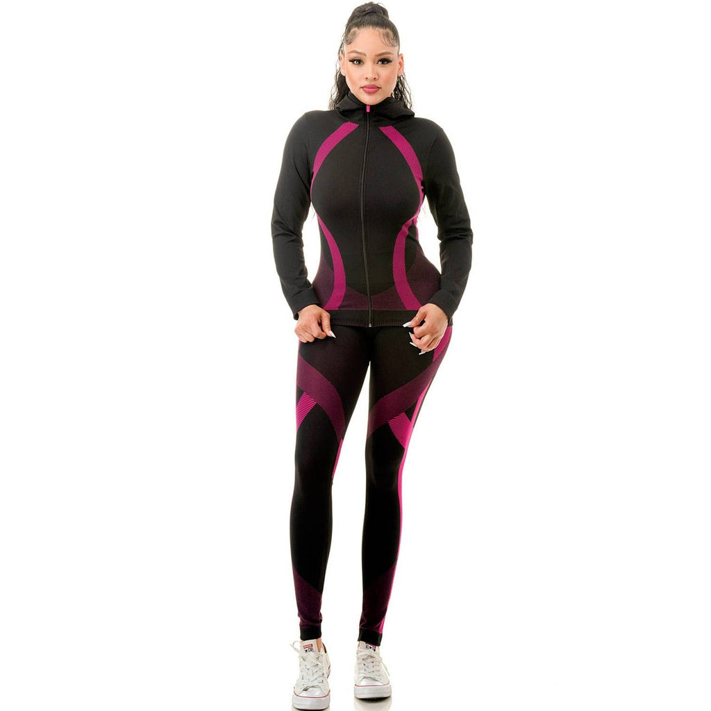 Two Piece Active Zip Up Hooded Jacket + Leggings Set in Fuchsia - One Size S/M