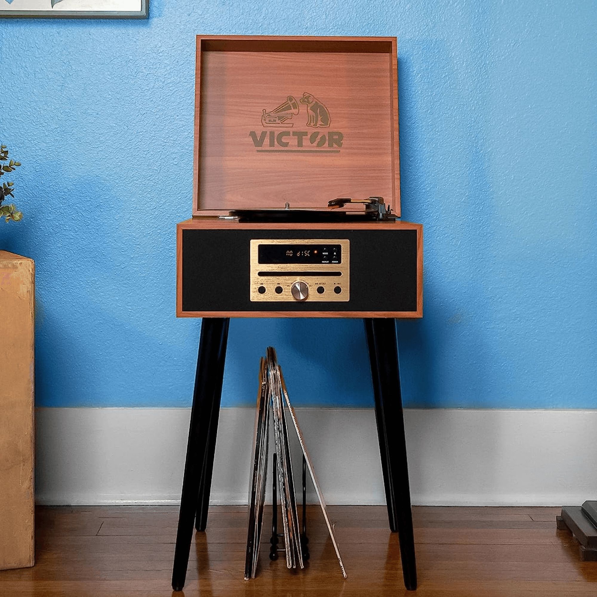 Victor Newbury 8-in-1 Music Center w Chair-Height Legs, USB Slot & AM FM Radio